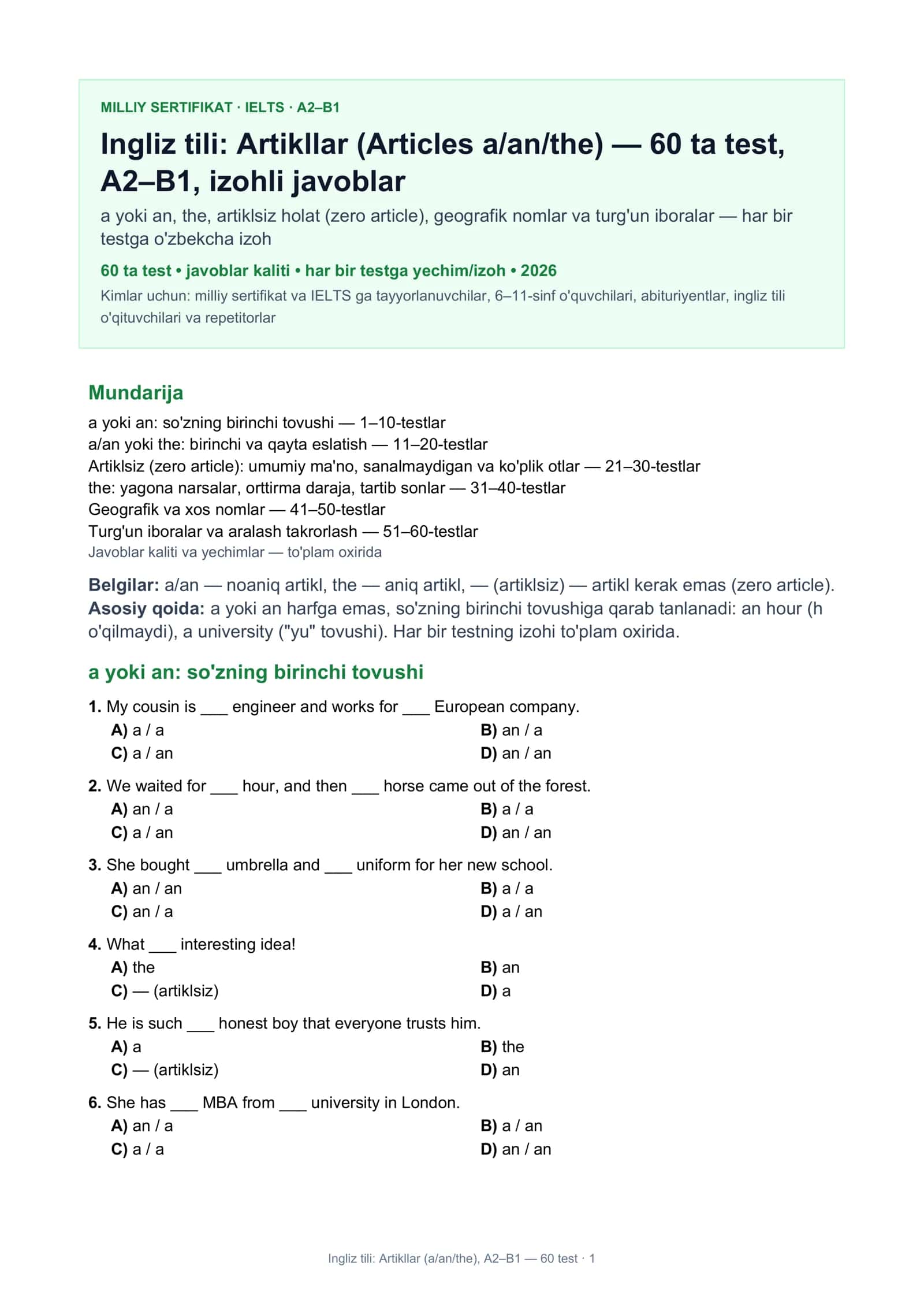 Ingliz tili: Artikllar (Articles a/an/the), A2–B1 — 60 test · 1
