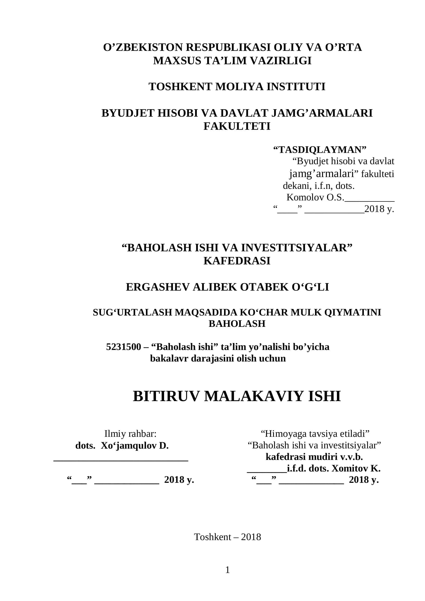 Bob. Sug’urtalash maqsadida ko’char mulk qiymatini baholashning nazariy, huquqiy va metodologik asoslari