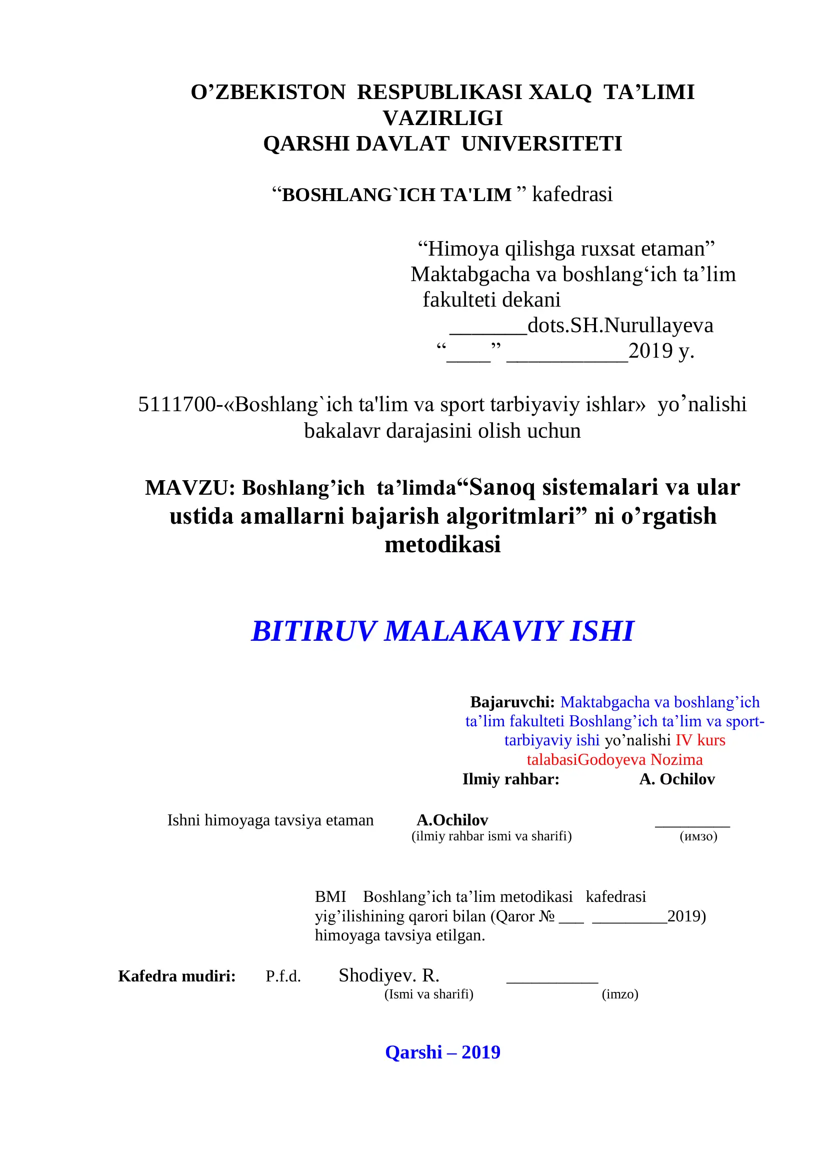 Mavzu: Boshlang’ich ta’limda“Sanoq sistemalari va ular ustida amallarni bajarish algoritmlari” ni o’rgatish metodikasi
