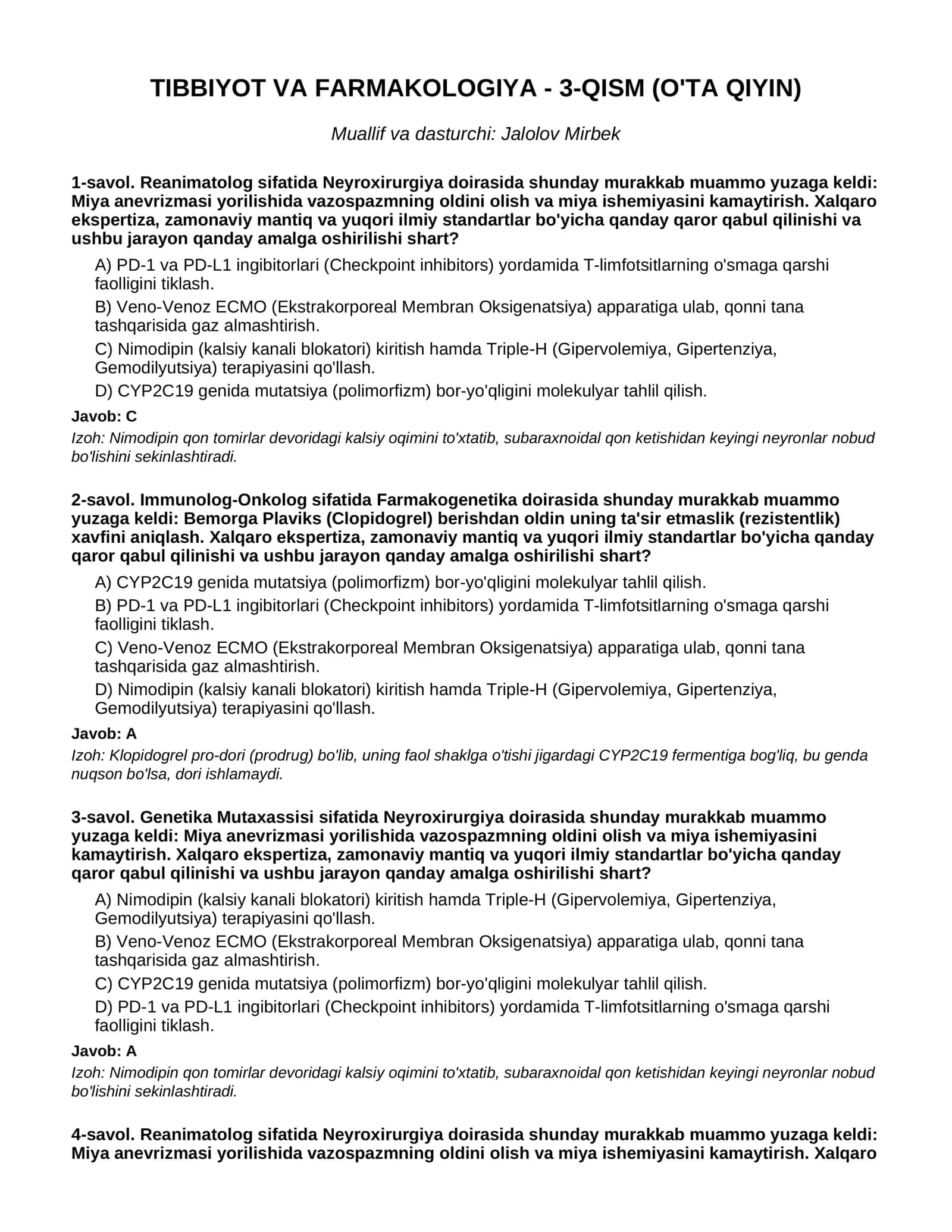 TIBBIYOT VA FARMAKOLOGIYA - 3-QISM (O'TA QIYIN)