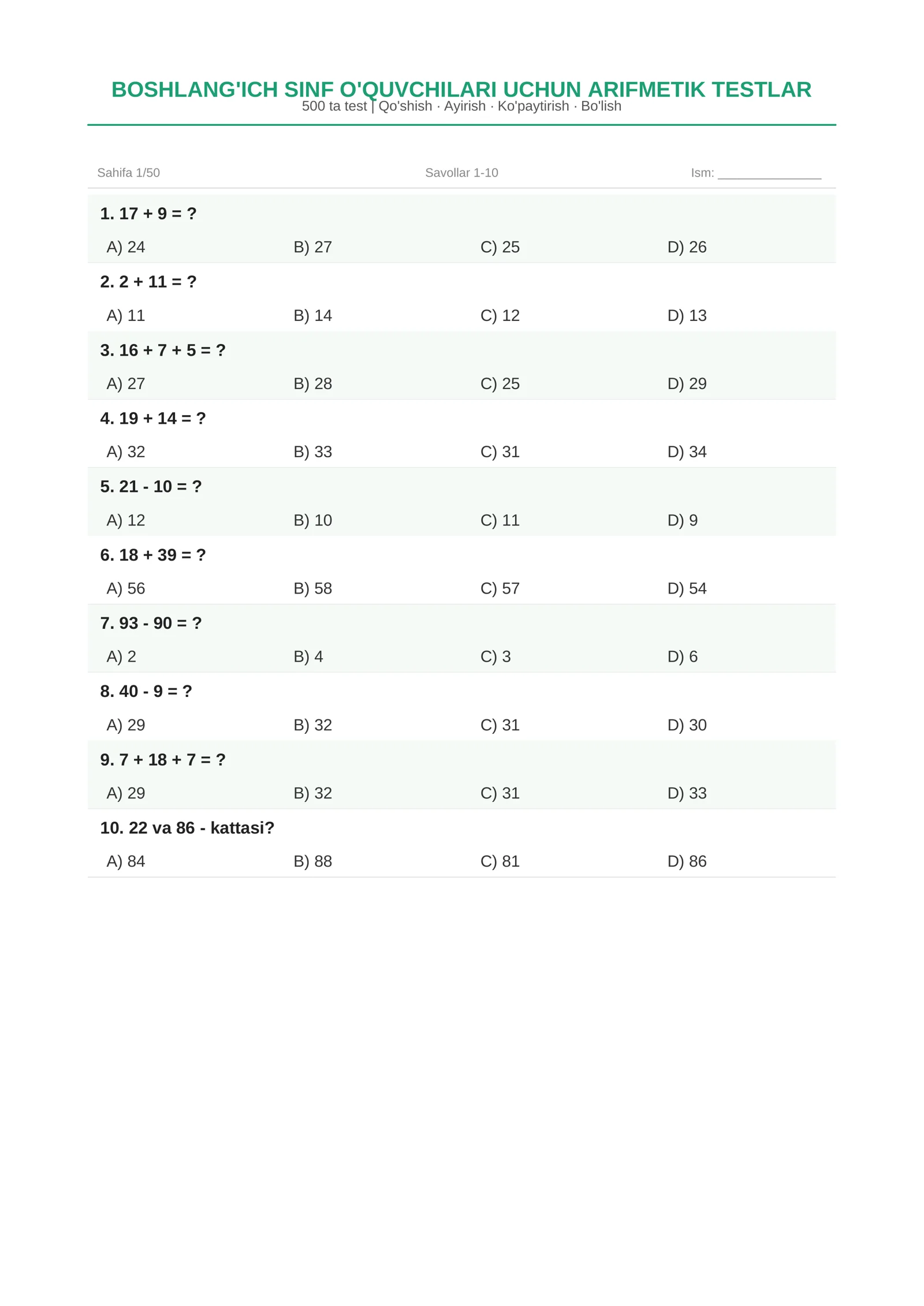 Boshlang'ich sinflar uchun matematikadan 500 ta test