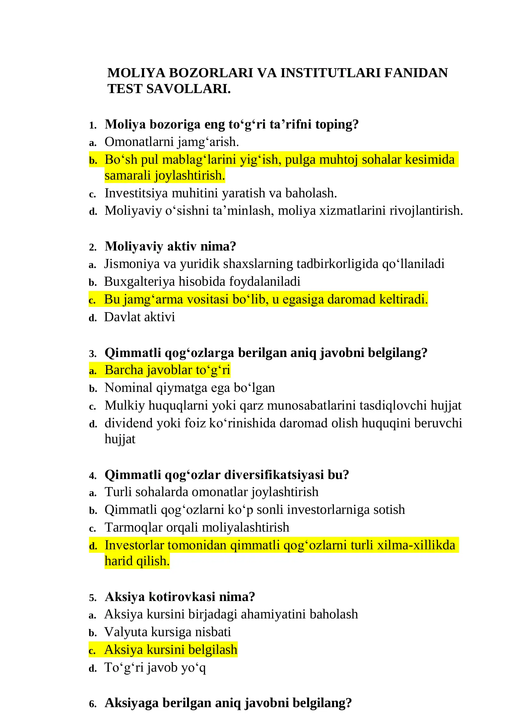 MOLIYA BOZORLARI VA INSTITUTLARI FANIDAN TEST SAVOLLARI