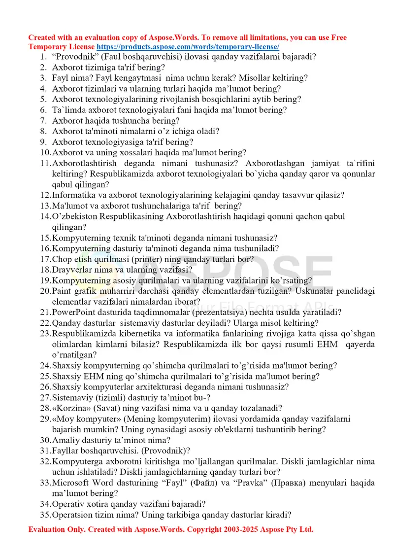 Axborot texnologiyalari fanidan mustaqil ish savollari to‘plami
