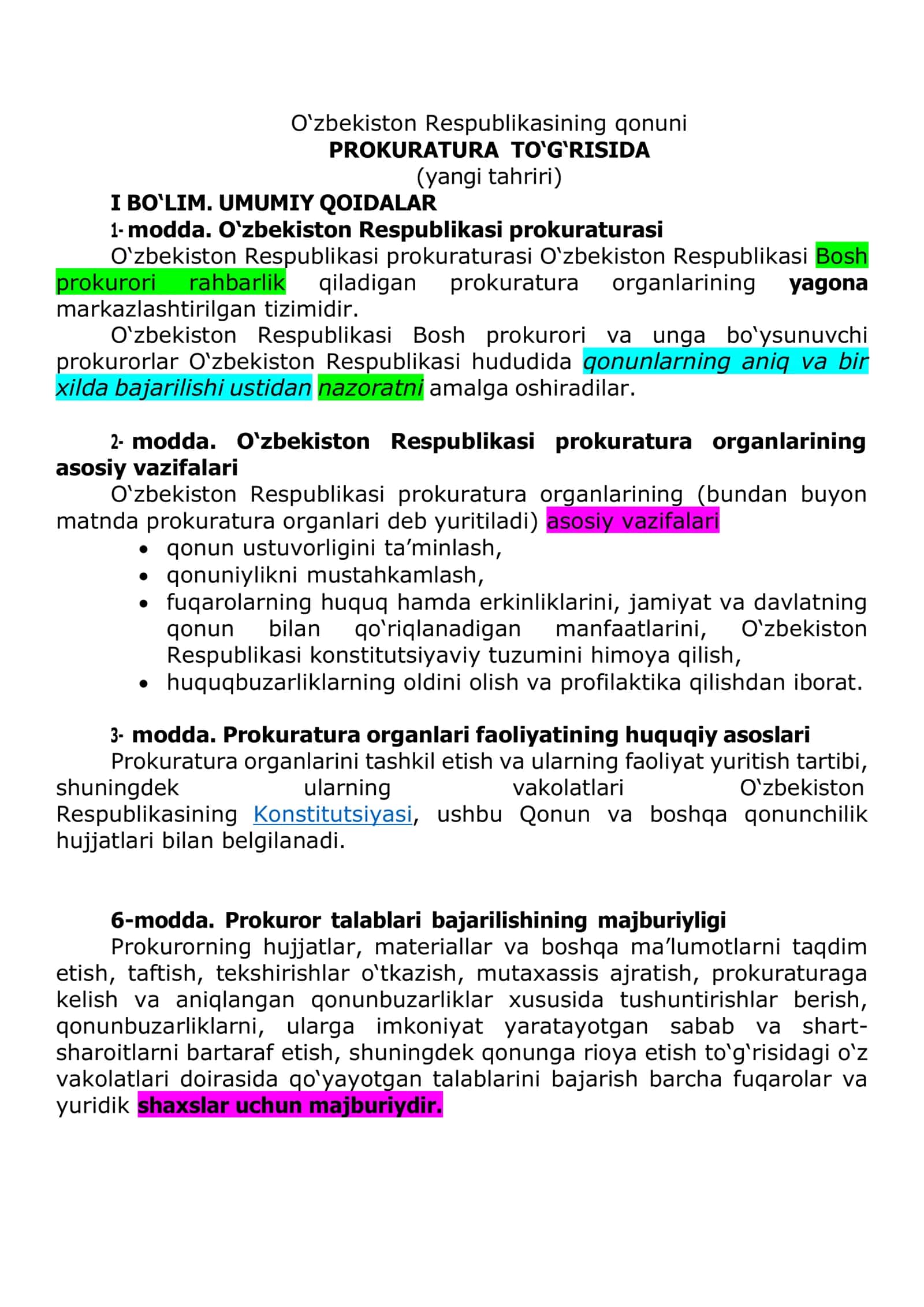 O‘zbekiston Respublikasining qonuni PROKURATURA TO‘G‘RISIDA