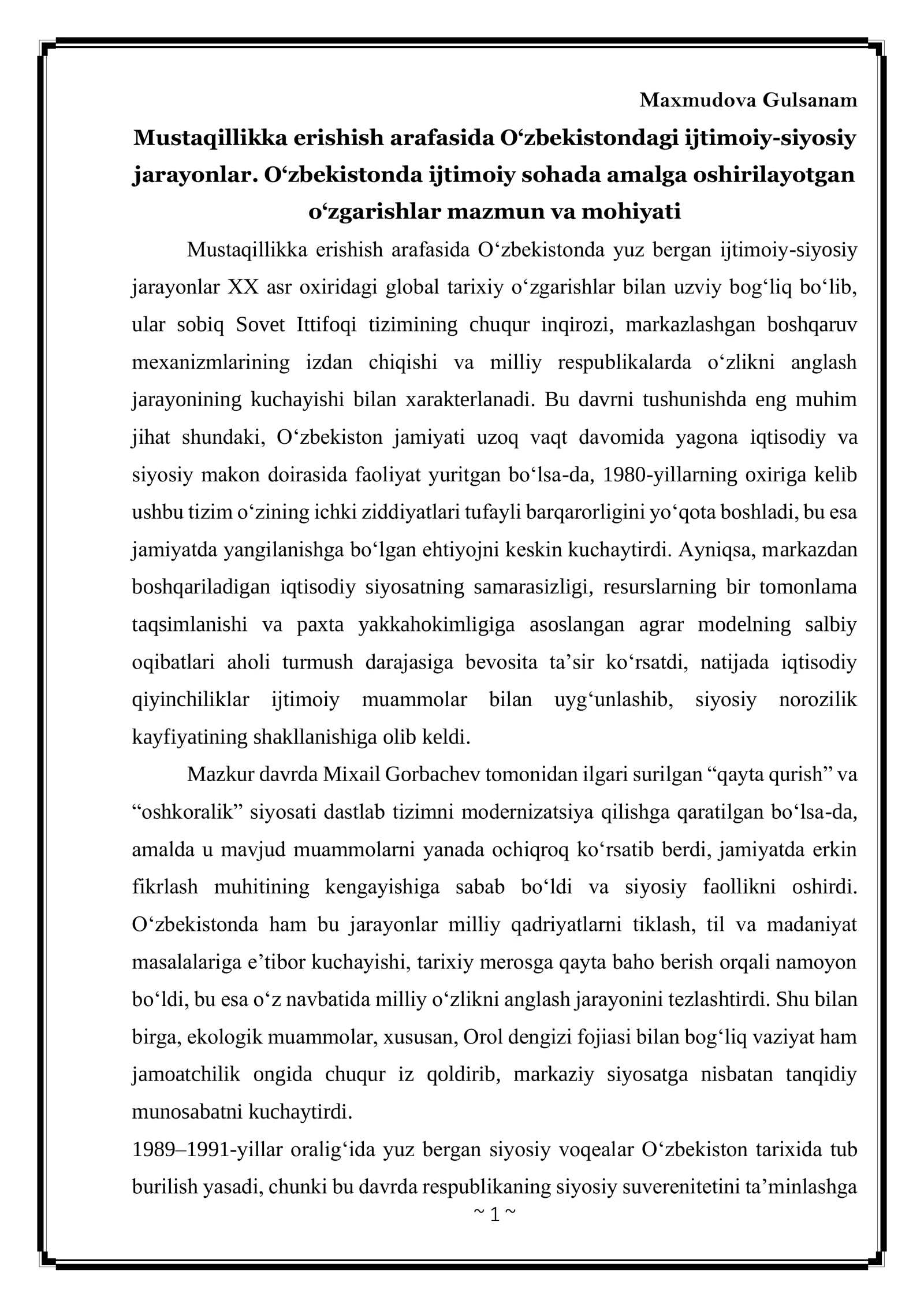 O‘zbekistondagi Mustaqillikka Erishish Arafasida Ijtimoiy-Siyosiy Jarayonlar