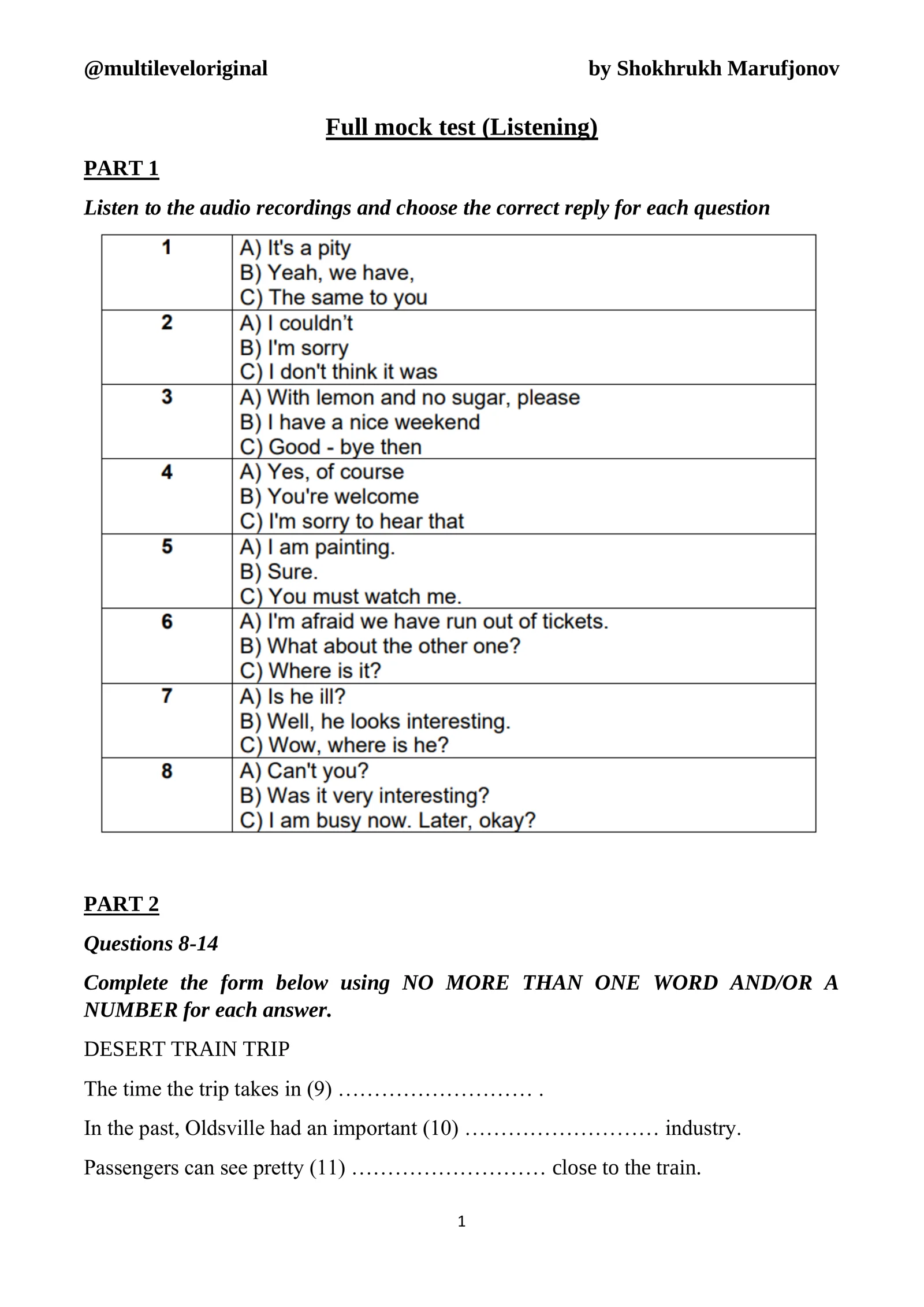 Full mock test (Listening and Reading )