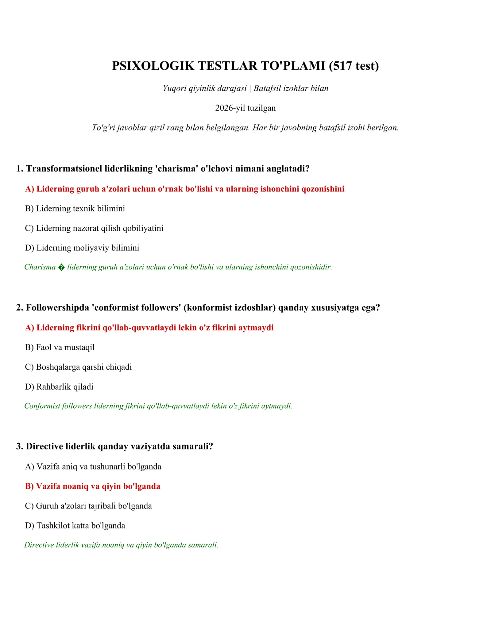 PSIXOLOGIK TESTLAR TO'PLAMI (517 test)