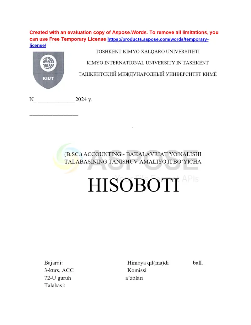 AMALIYOT HISOBOTI. Tashkilot shakli	: Umumiy ovqatlanish (XO‘jalik yurituvchi subyekt)