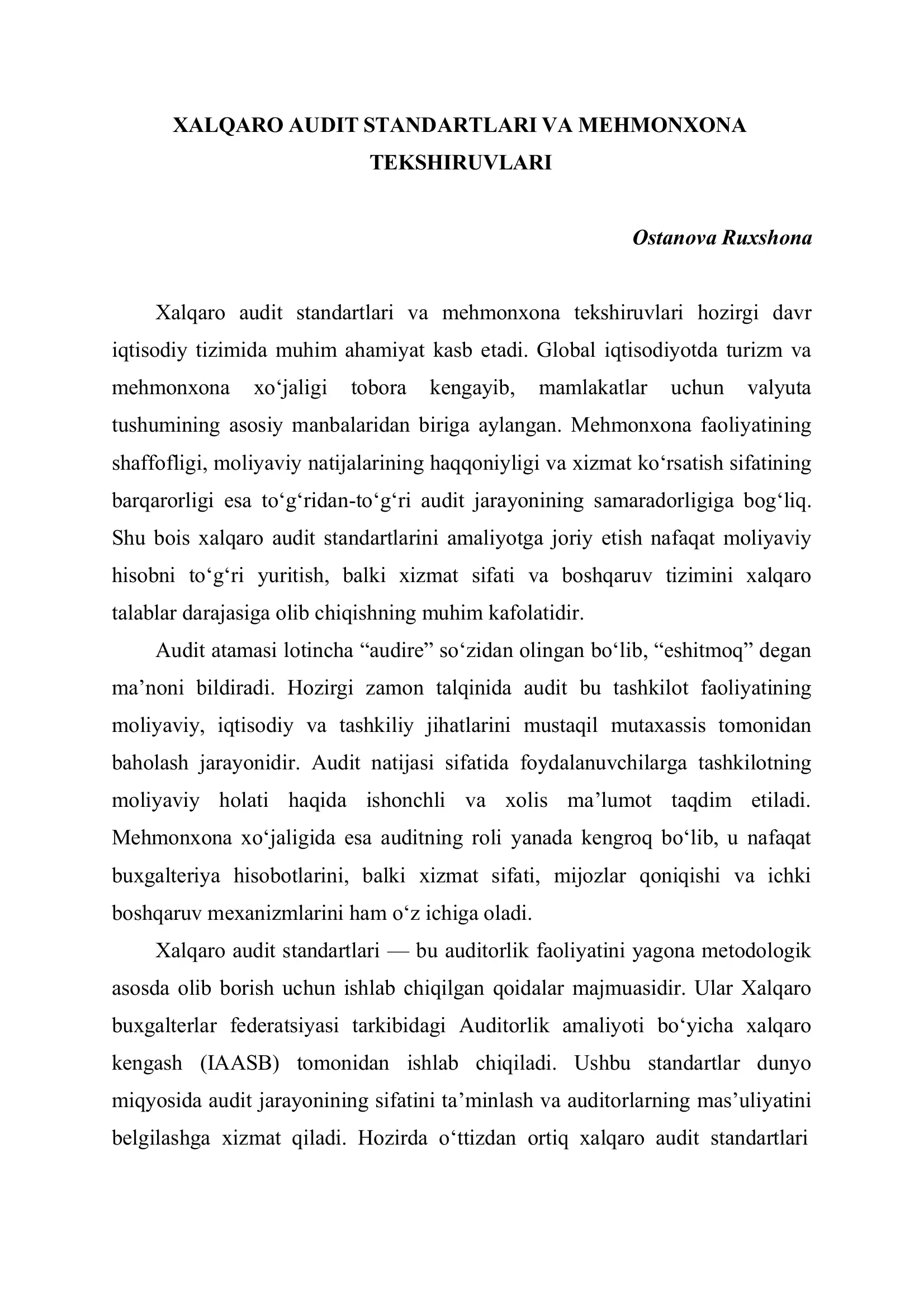 Xalqaro Audit Standartlari va Mehmonxona Tekshiruvlari