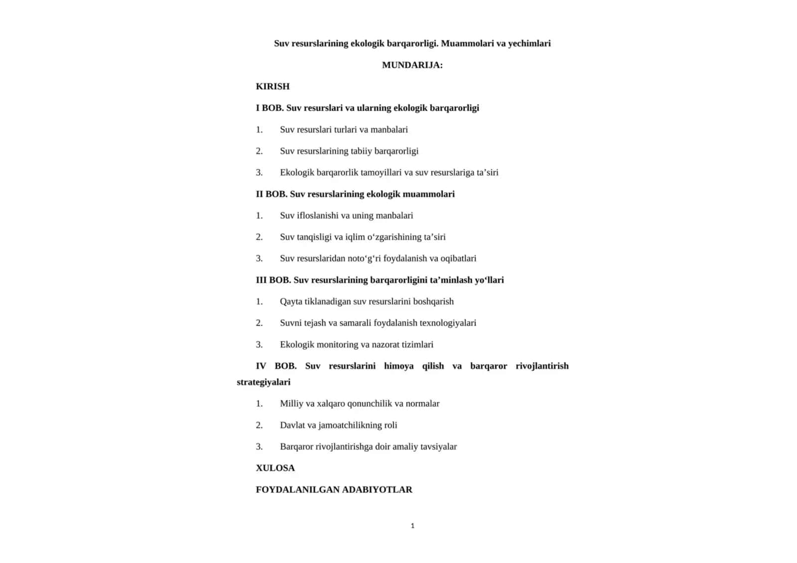 Suv resurslarining ekologik barqarorligi. Muammolari va yechimlari