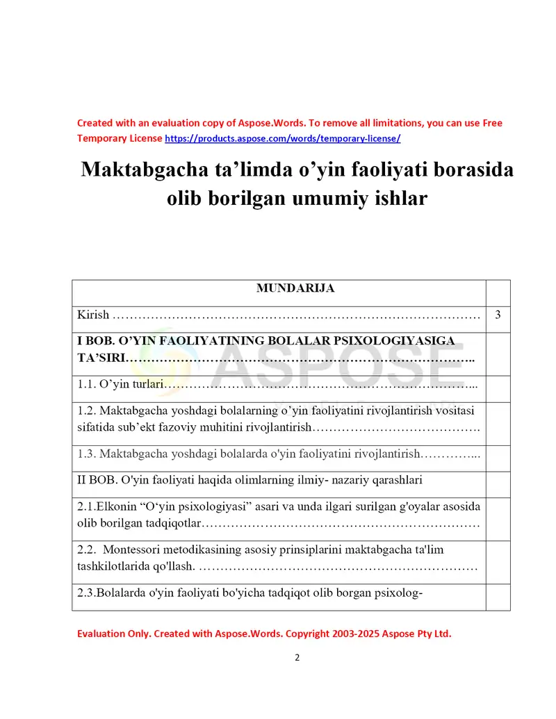 Maktabgacha ta’limda o’yin faoliyati borasida olib borilgan umumiy ishlar