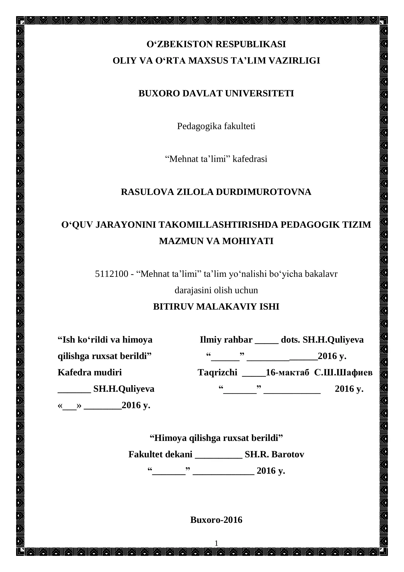 Mehnat Ta'limi Ta'lim Yo'nalishi Bakalavr Darajasi