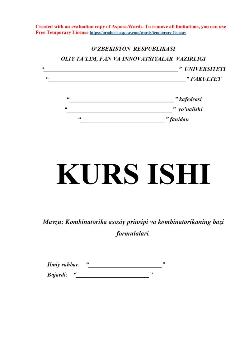 Kombinatorika asosiy prinsipi va kombinatorikaning bazi formulalari.