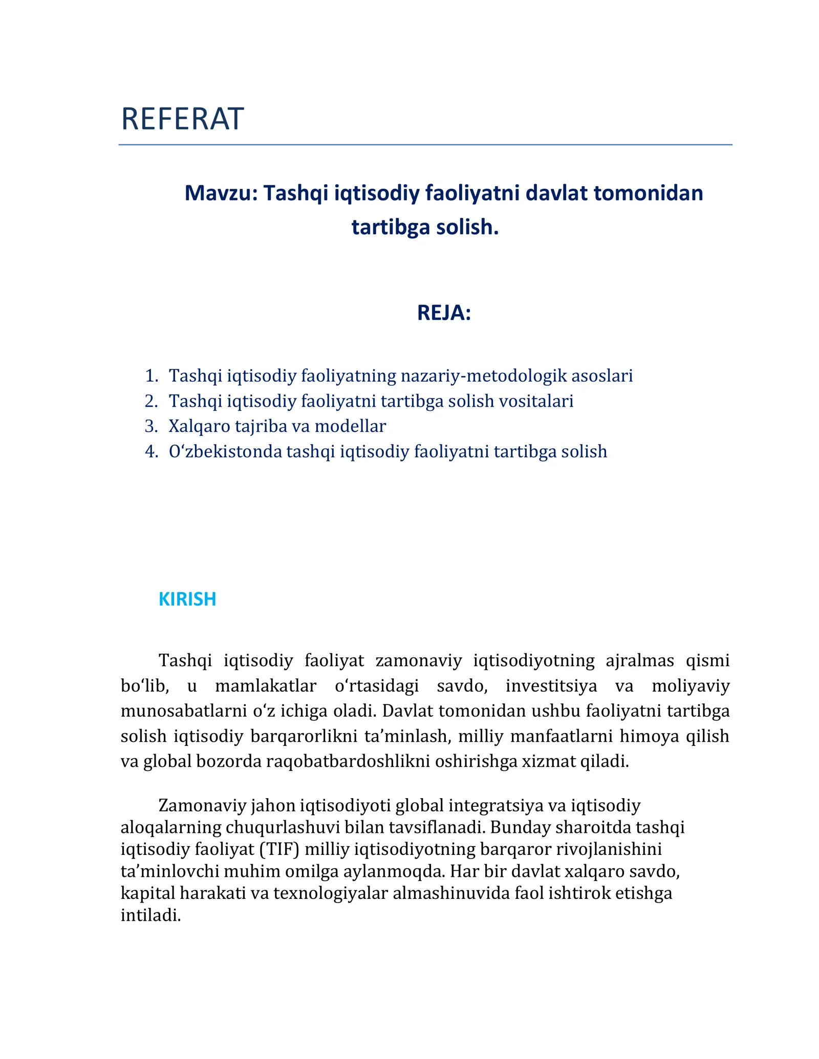 Tashqi iqtisodiy faoliyatni davlat tomonidan tartibga solish