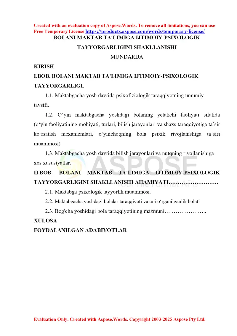 Bolani maktab ta'limiga ijtimoiy-psixologik tayyorgarligini shakllanishi