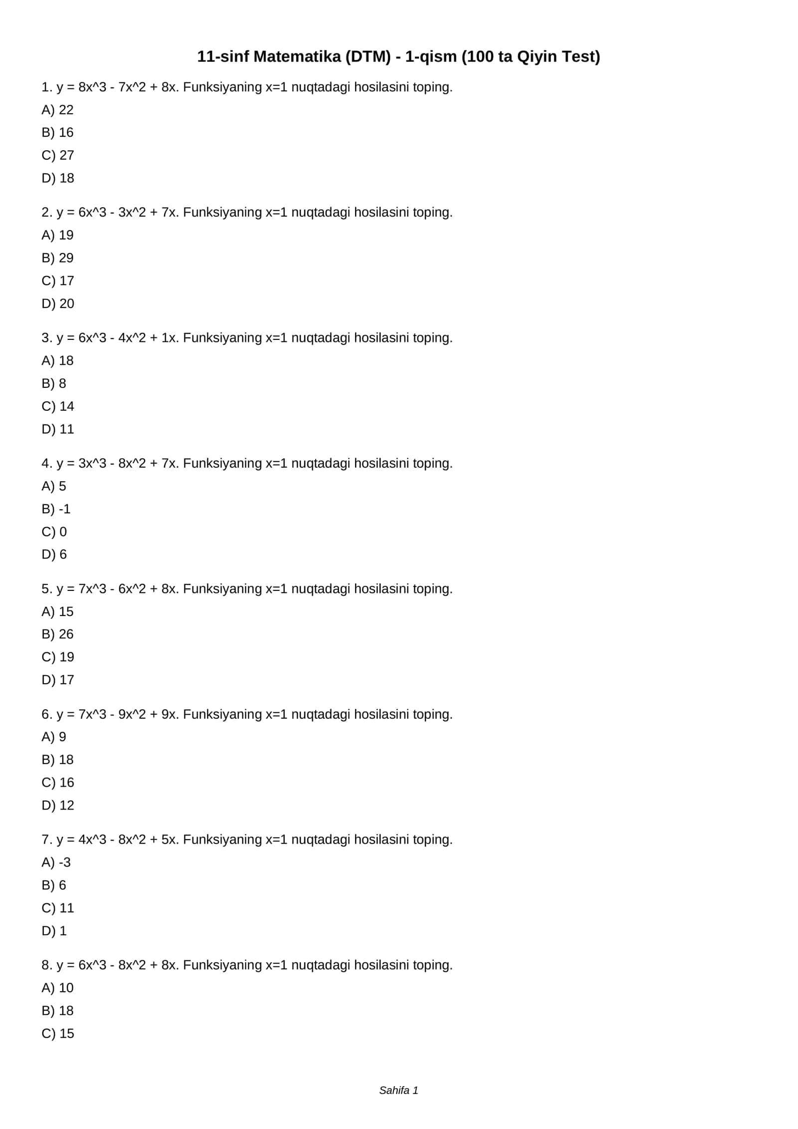 11-sinf Matematika (DTM) - 1-qism (100 ta Qiyin Test)