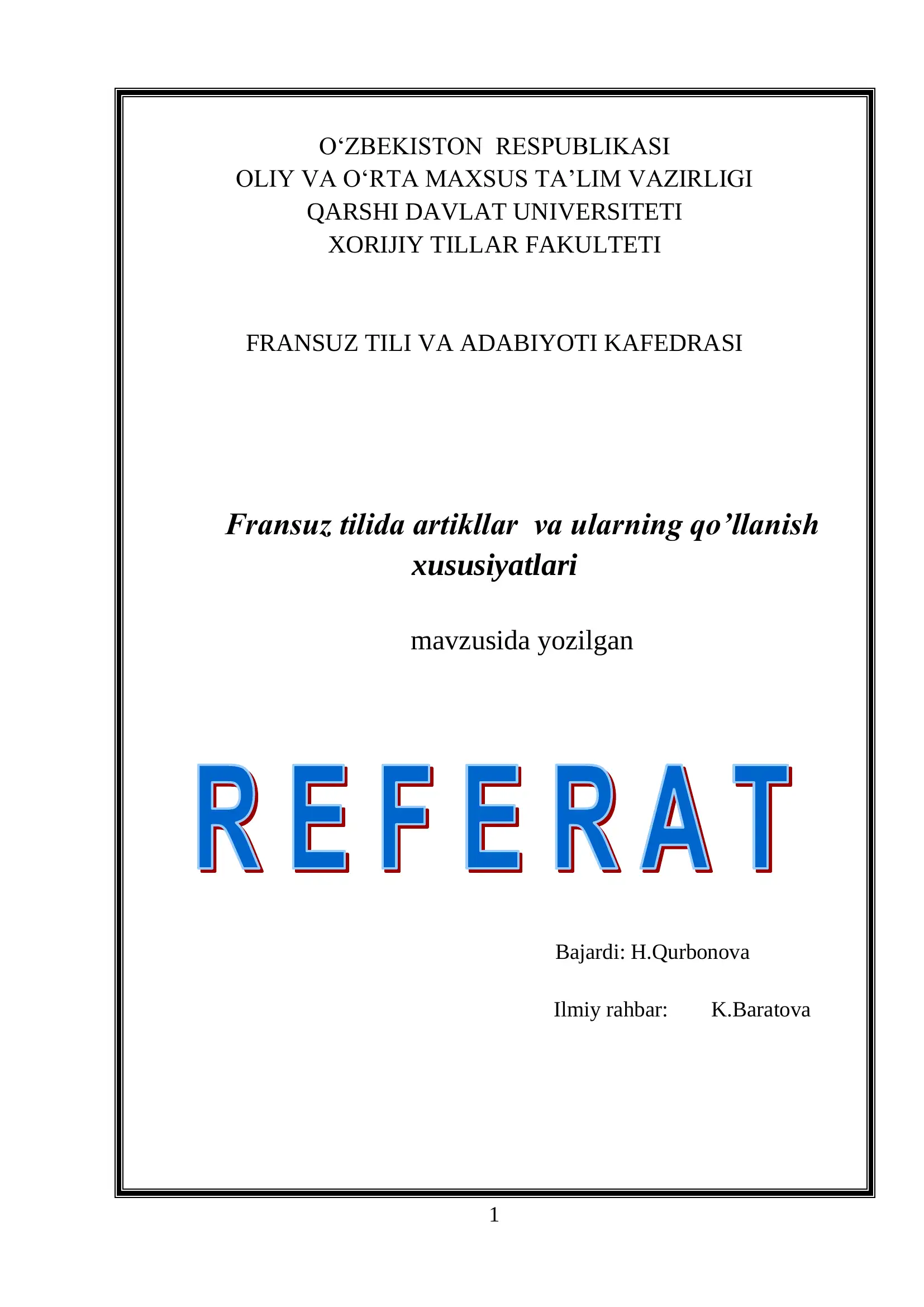 Fransuz tilida artikllar va ularning qo’llanish xususiyatlari