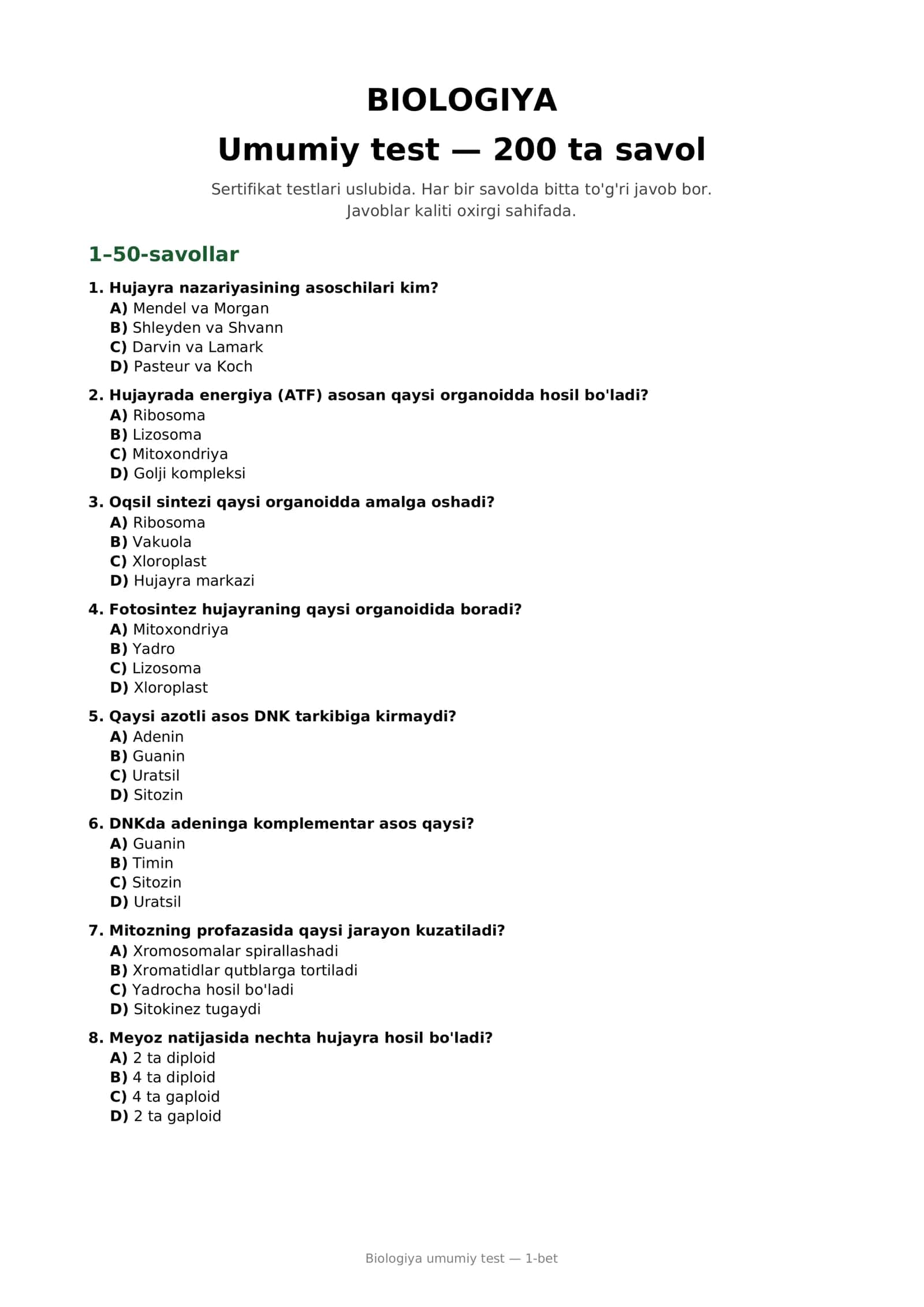 Biologiya umumiy test