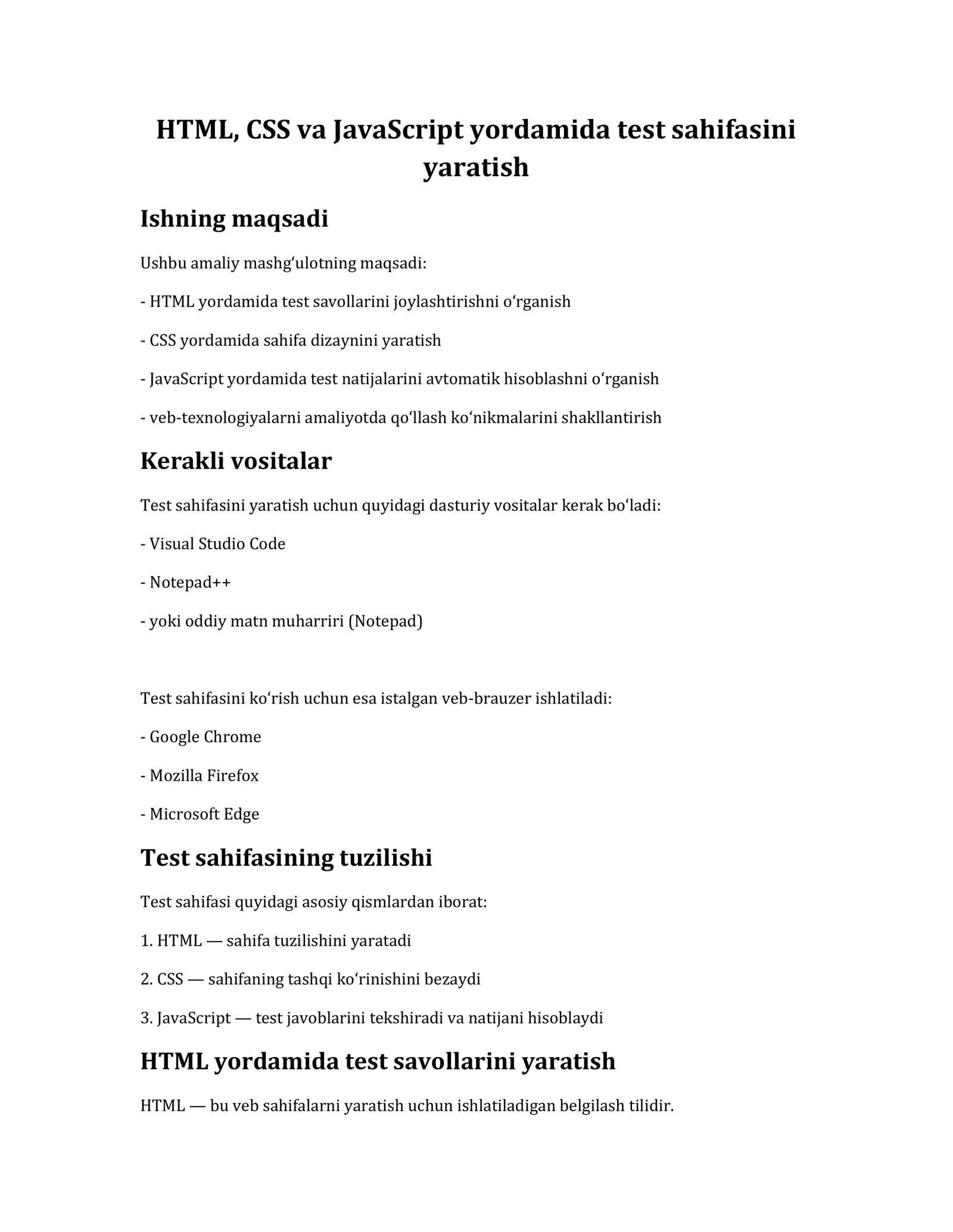 HTML, CSS va JavaScript yordamida test sahifasini yaratish