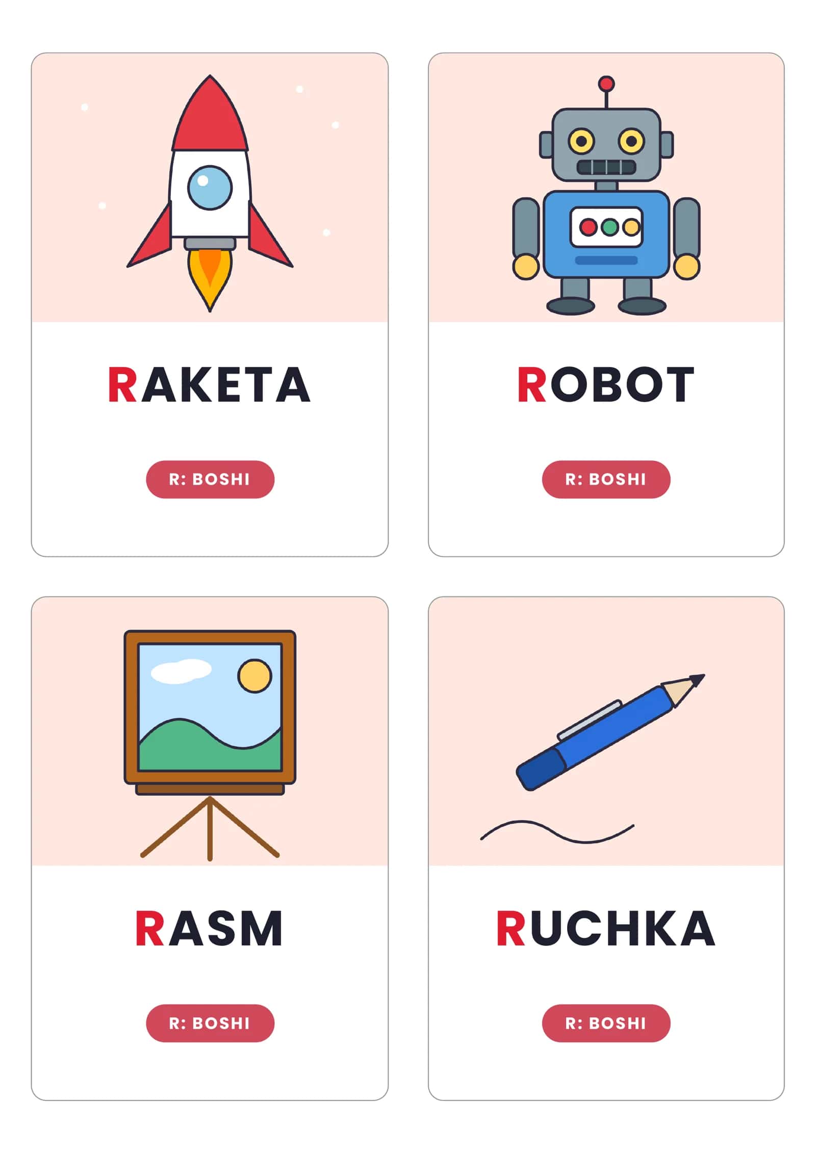R tovushi: logopedik rasmli kartochkalar
