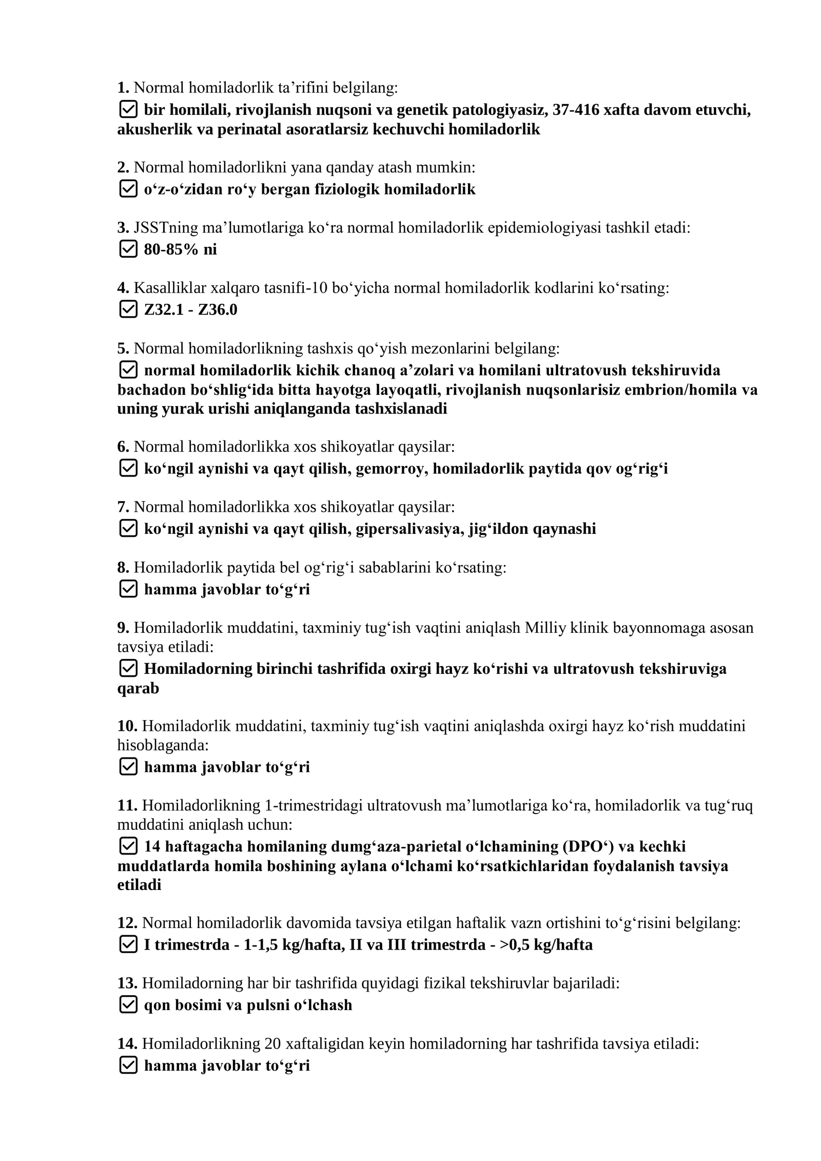 Argos test savollai javoblari bilan. Akusherlik va ginekologiya