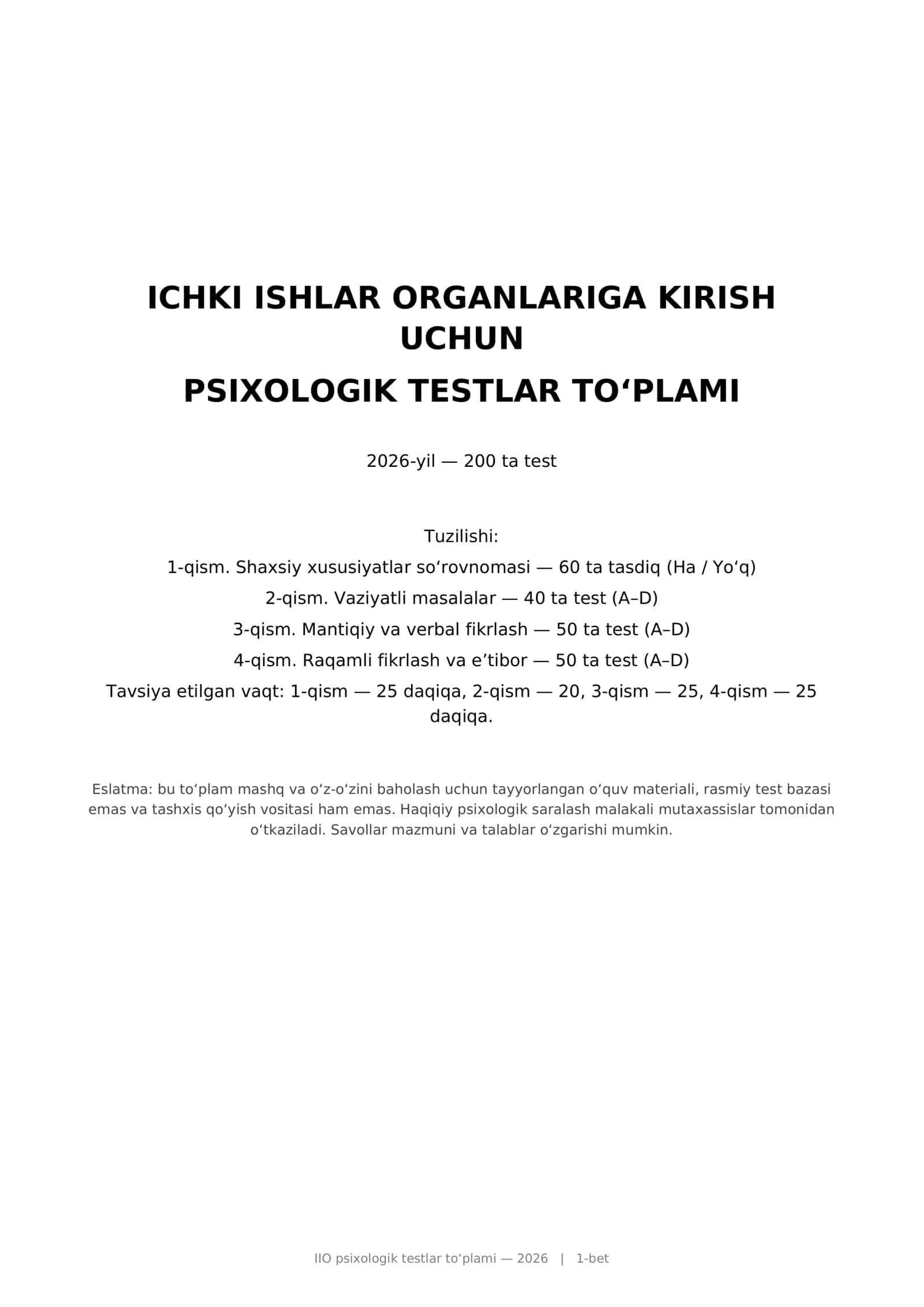 IIO psixologik testlar toʻplami — 2026