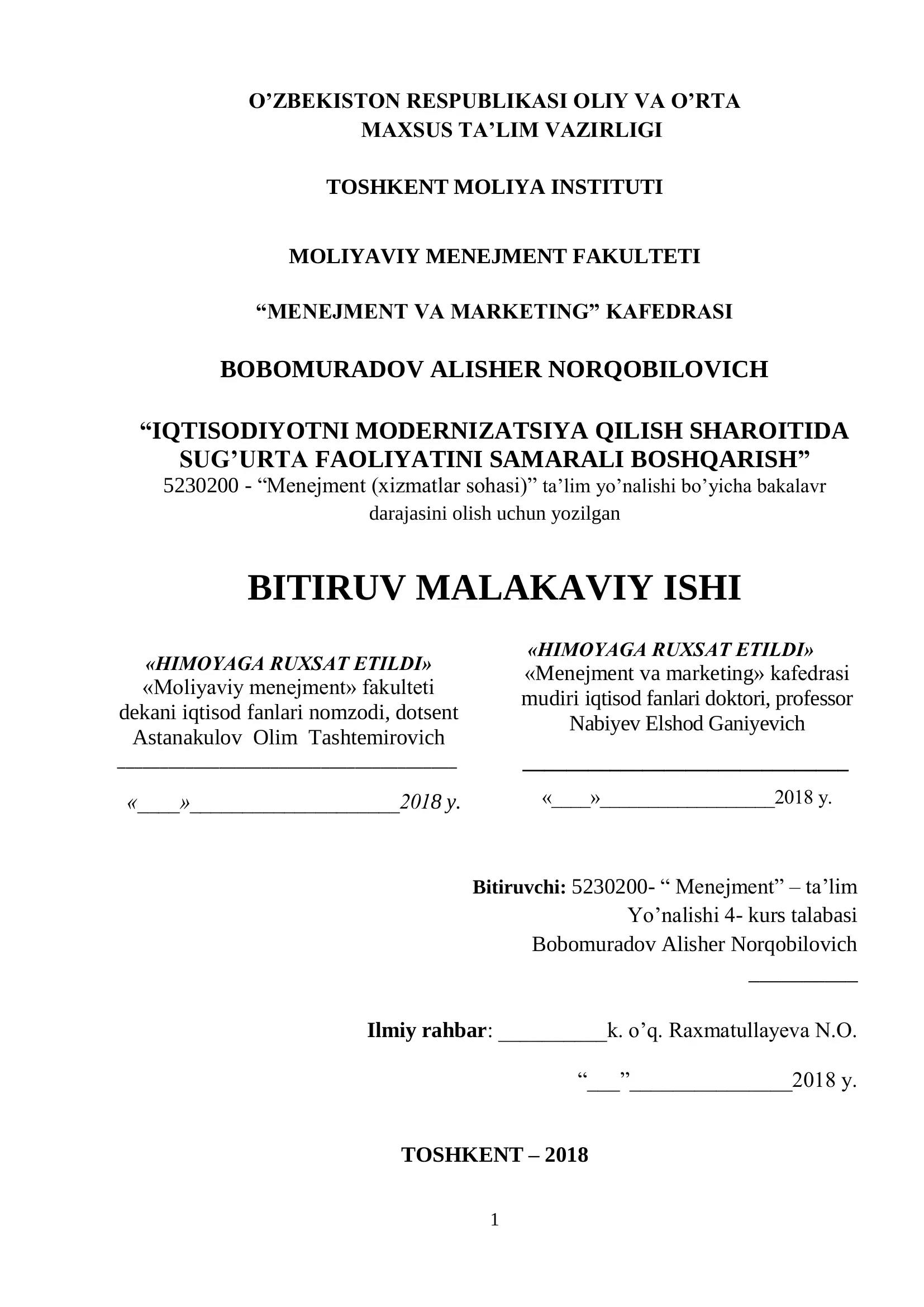 IQTISODIYOTNI MODERNIZATSIYA QILISH SHAROITIDA SUG‟URTA FAOLIYATINI SAMARALI BOSHQARISH