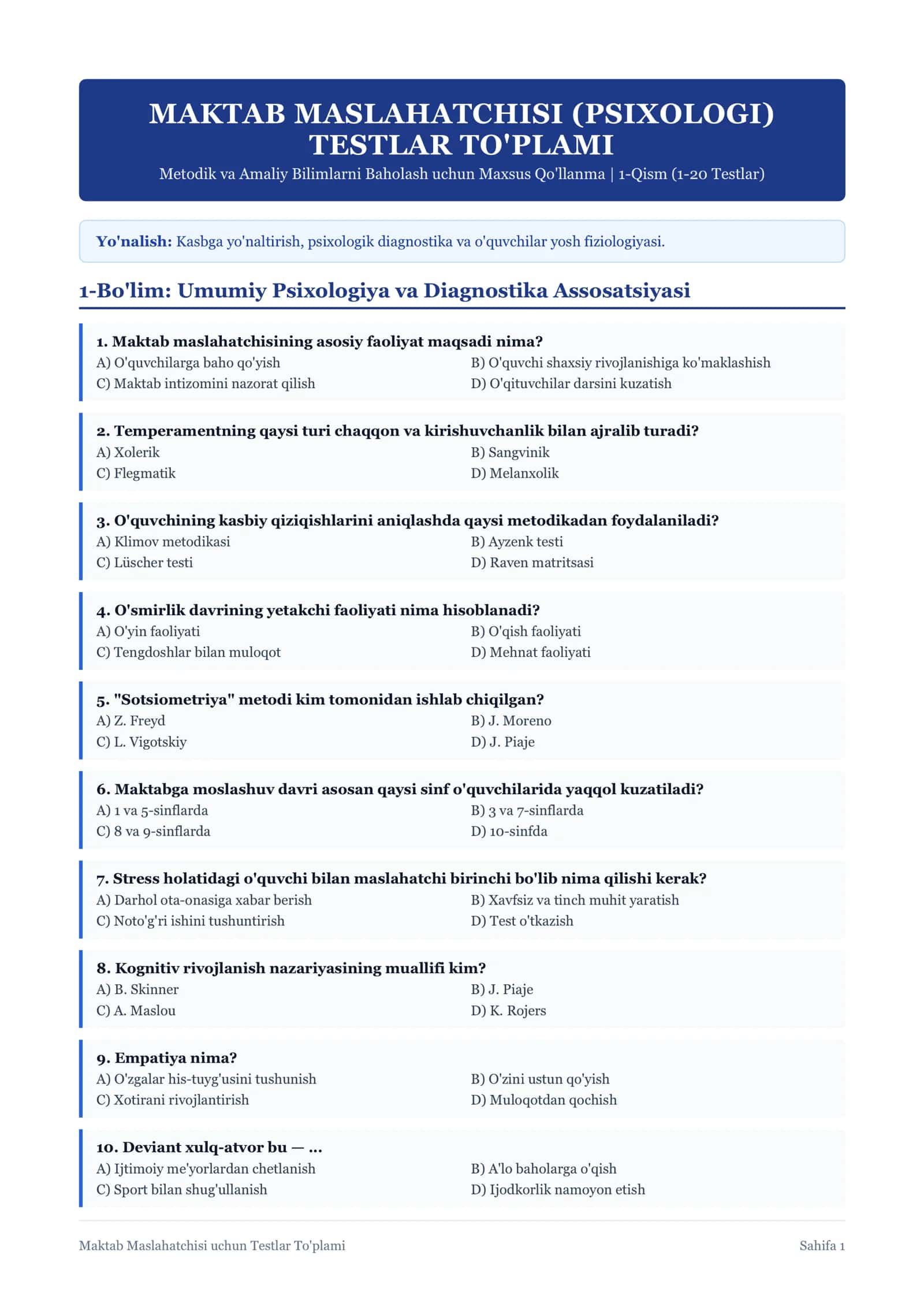 Maktab Maslahatchisi va Psixologi uchun Testlar To'plami (javiblari bilan)