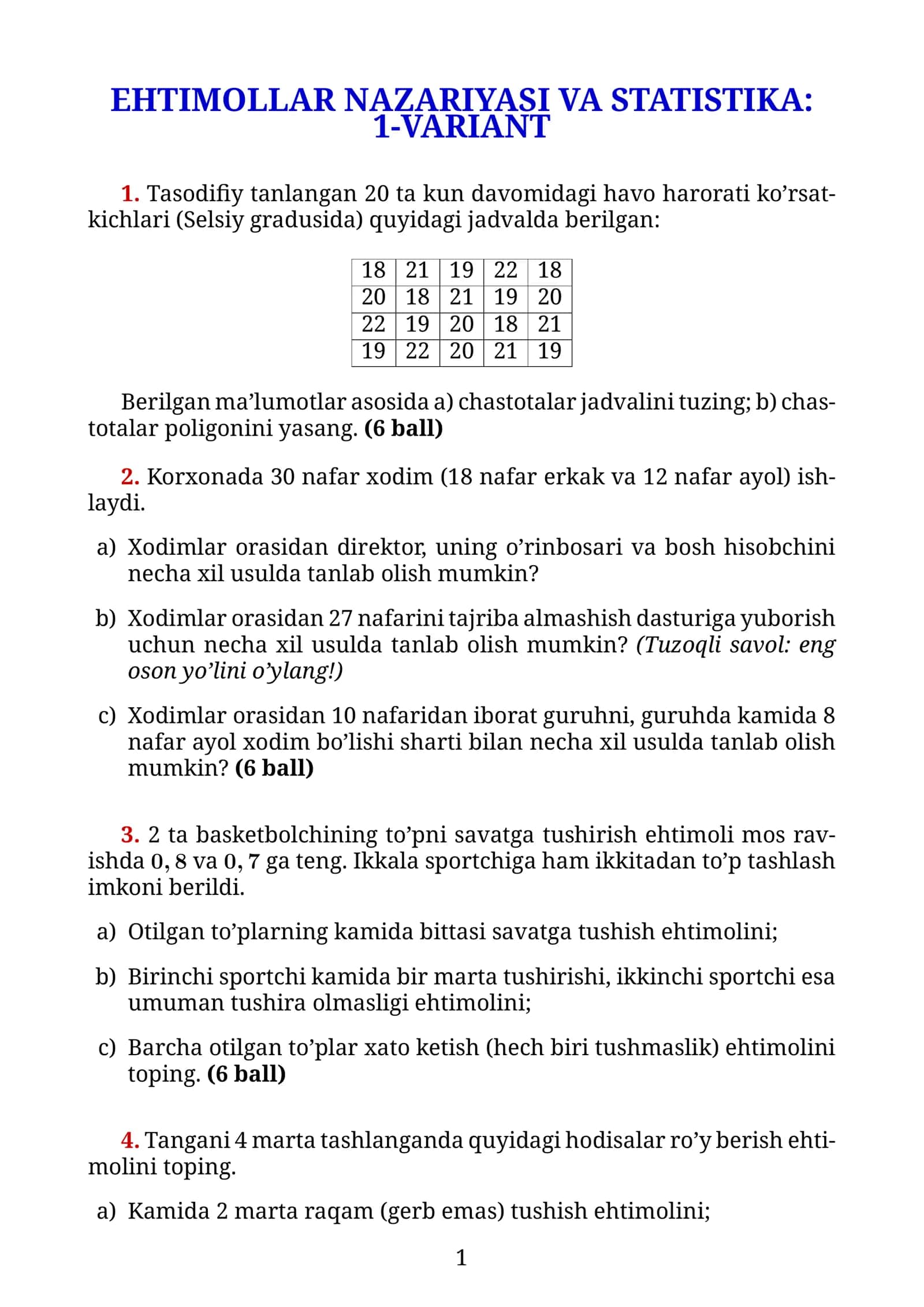 EHTIMOLLAR NAZARIYASI VA STATISTIKA: 1-VARIANT