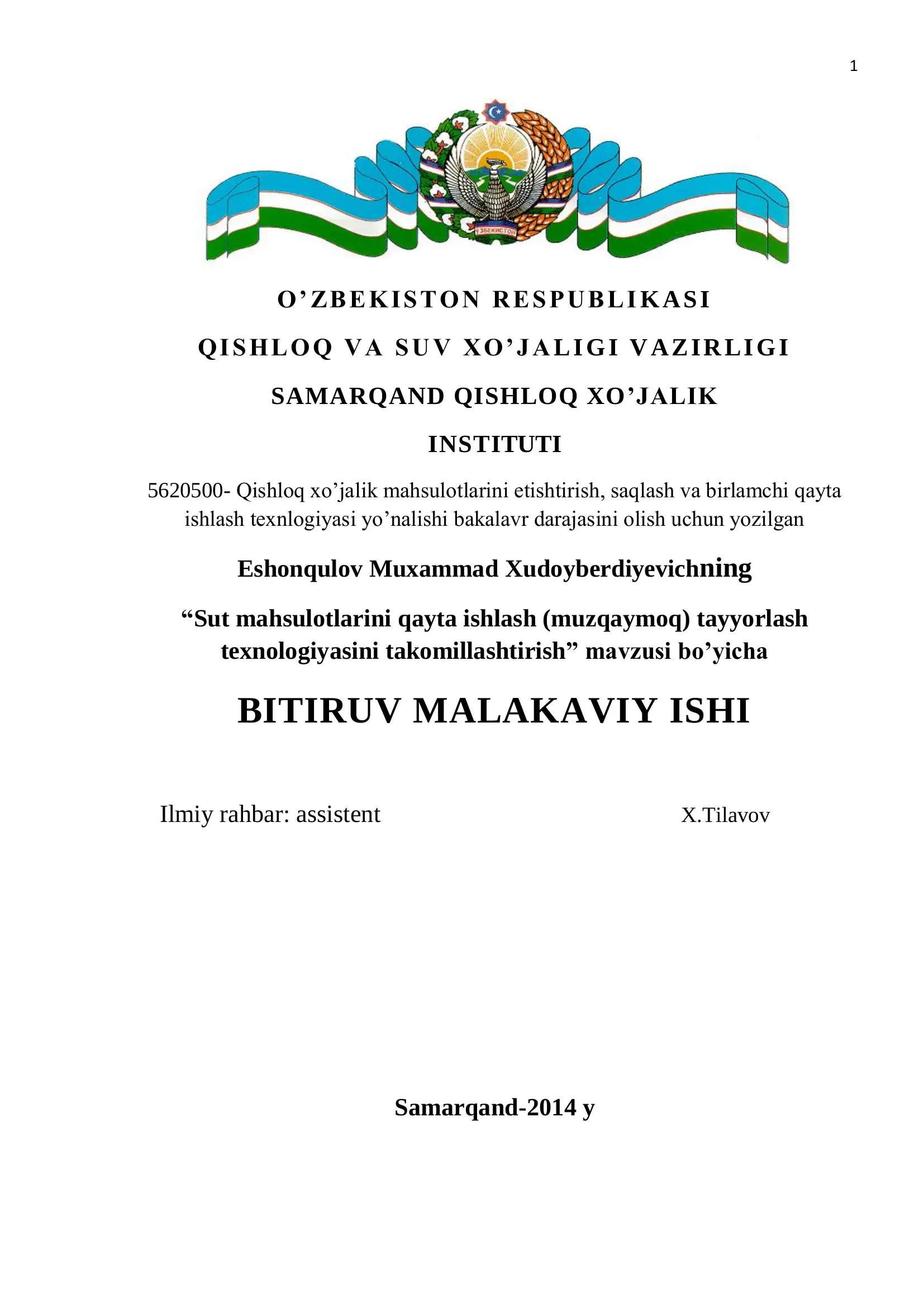Sut mahsulotlarini qayta ishlash (muzqaymoq) tayyorlash texnologiyasini takomillashtirish
