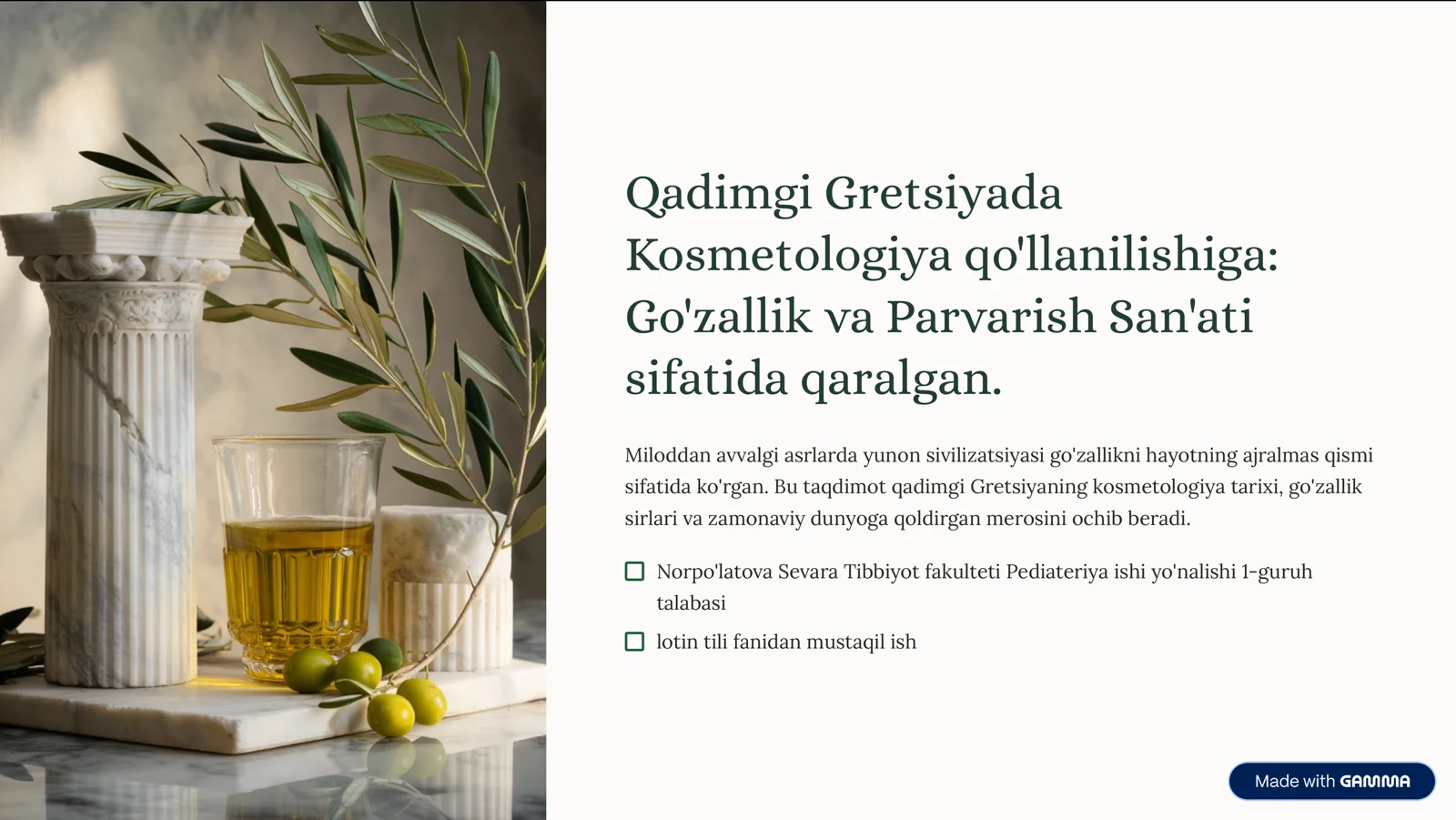 Qadimgi Gretsiyada Kosmetologiya qo'llanilishiga: Go'zallik va Parvarish San'ati