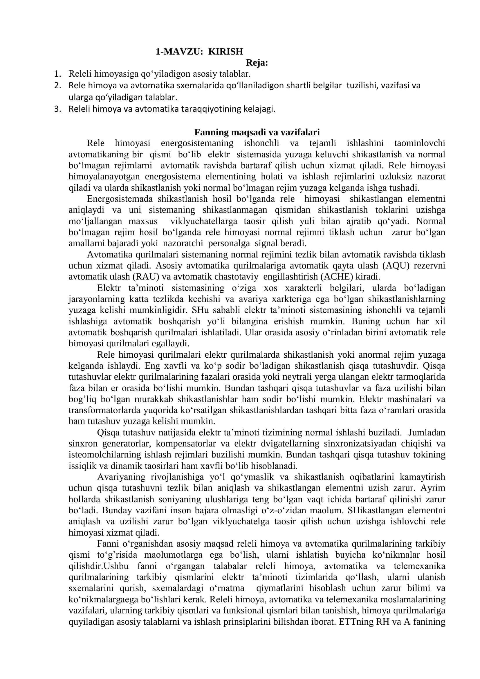 Releli himoya va avtomatika