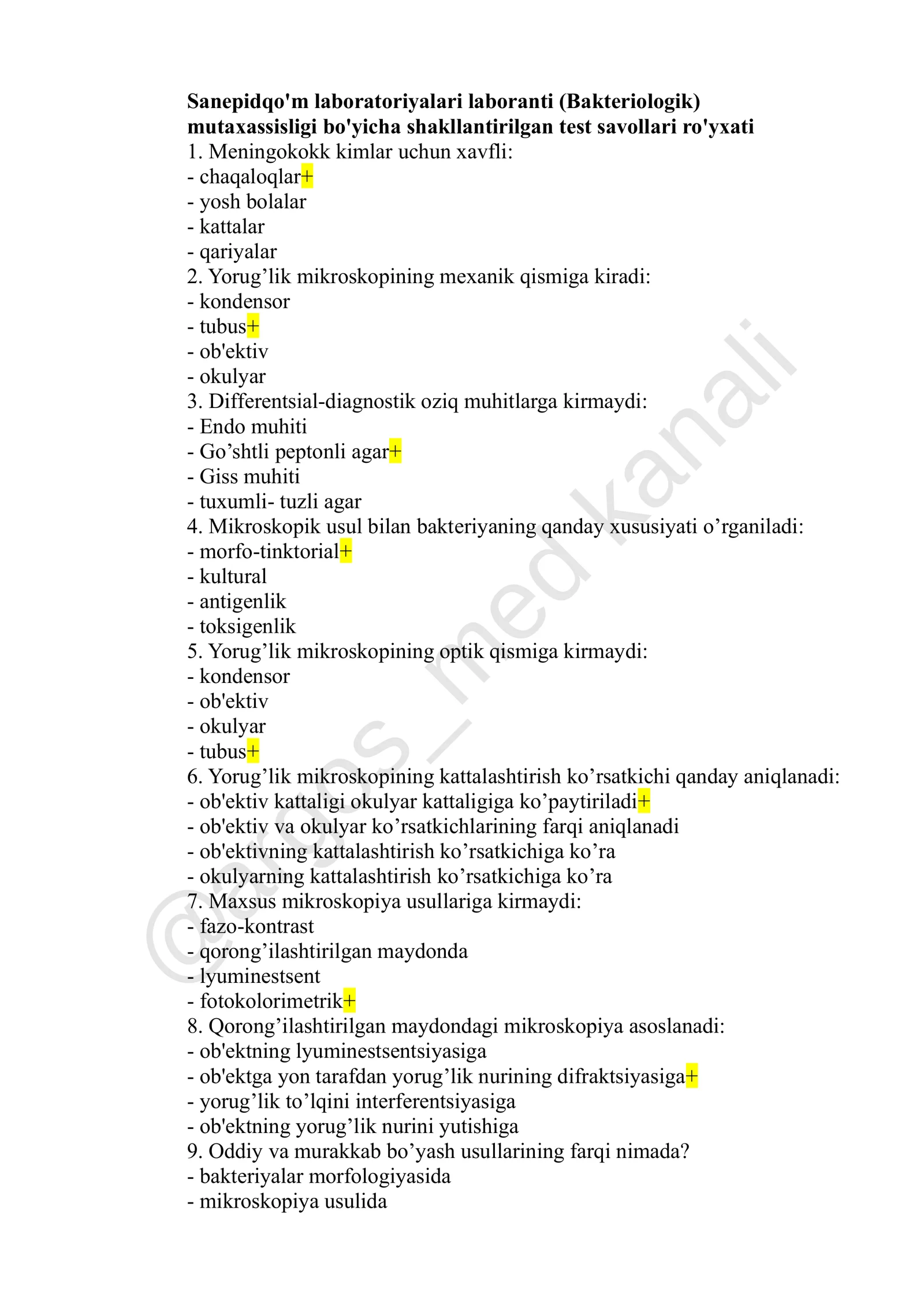 Sanepidqo'm laboratoriyalari laboranti (Bakteriologik) mutaxassisligi bo'yicha shakllantirilgan test savollari ro'yxati