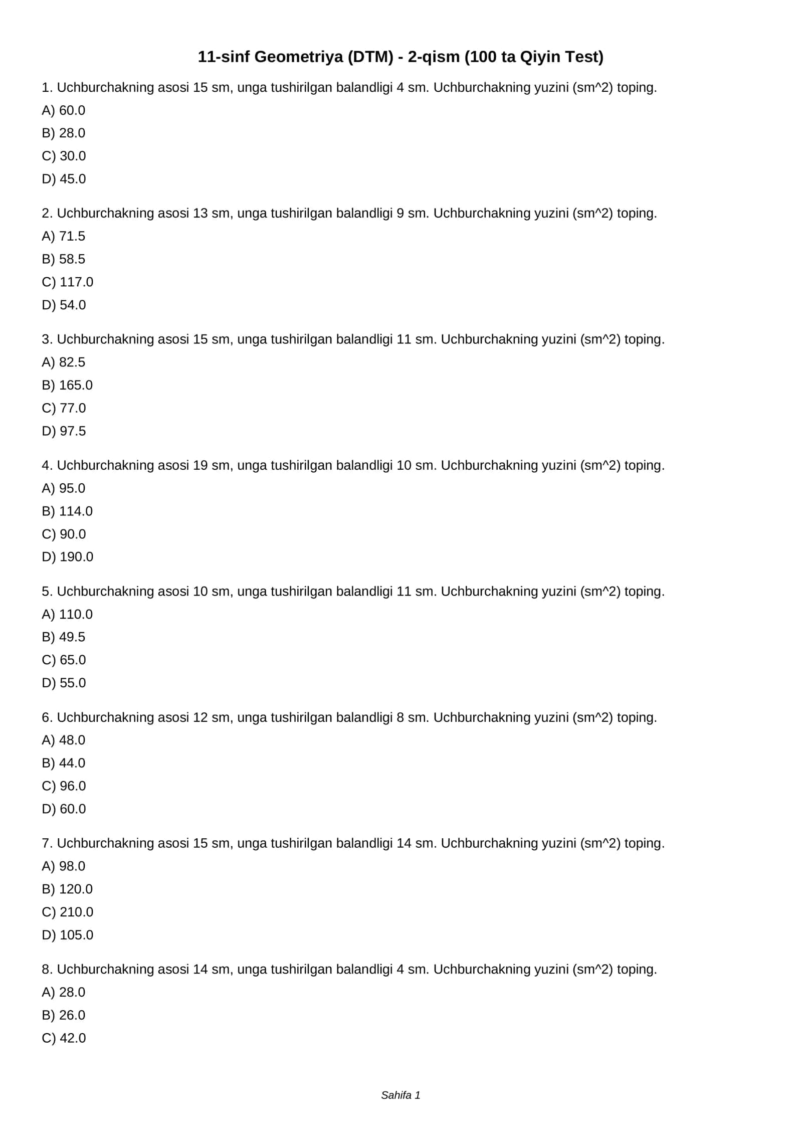 11-sinf Geometriya (DTM) - 2-qism (100 ta Qiyin Test)