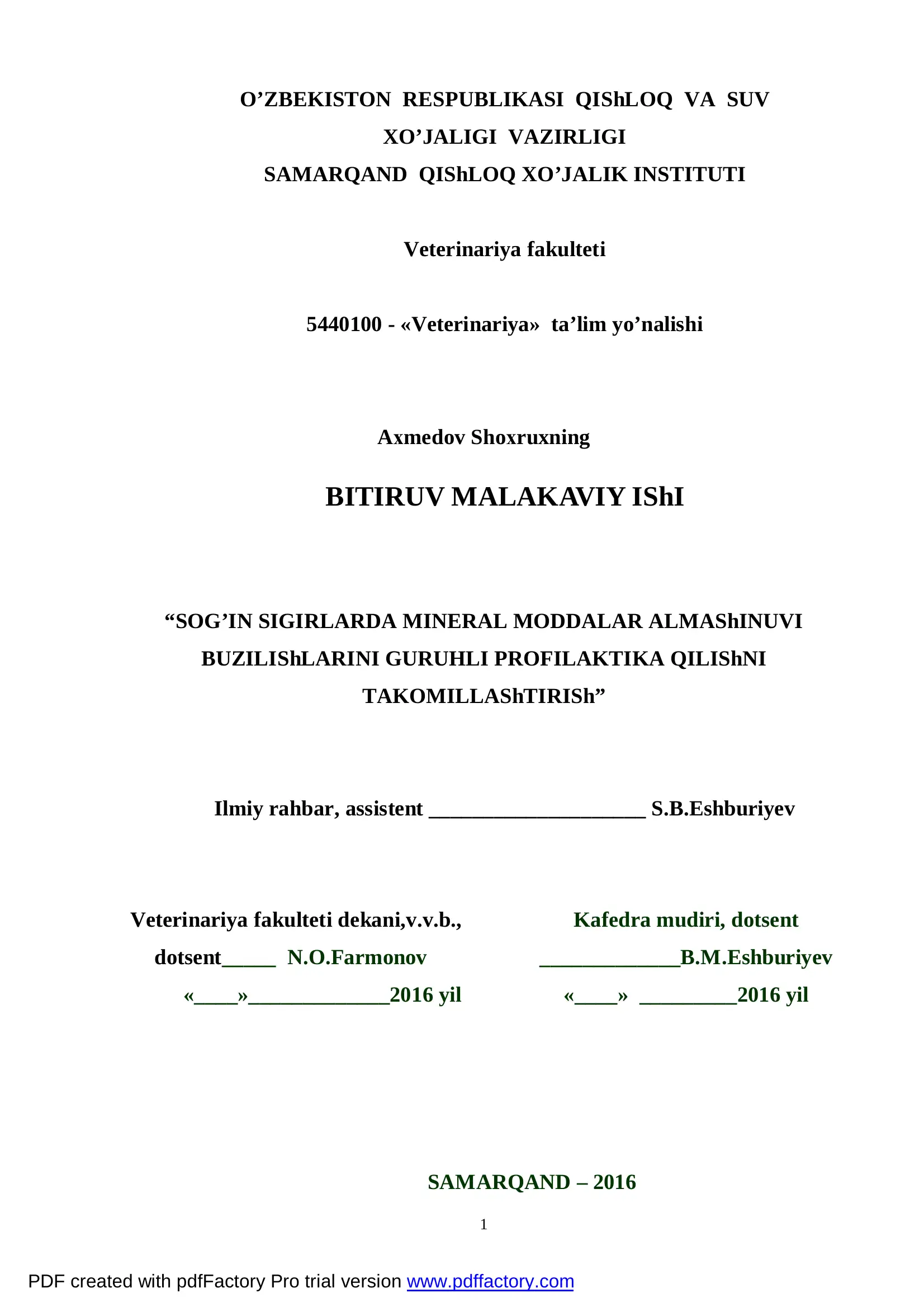 Fermer xo’jaliklari sharoitida sigirlar mikroelementozlarining guru