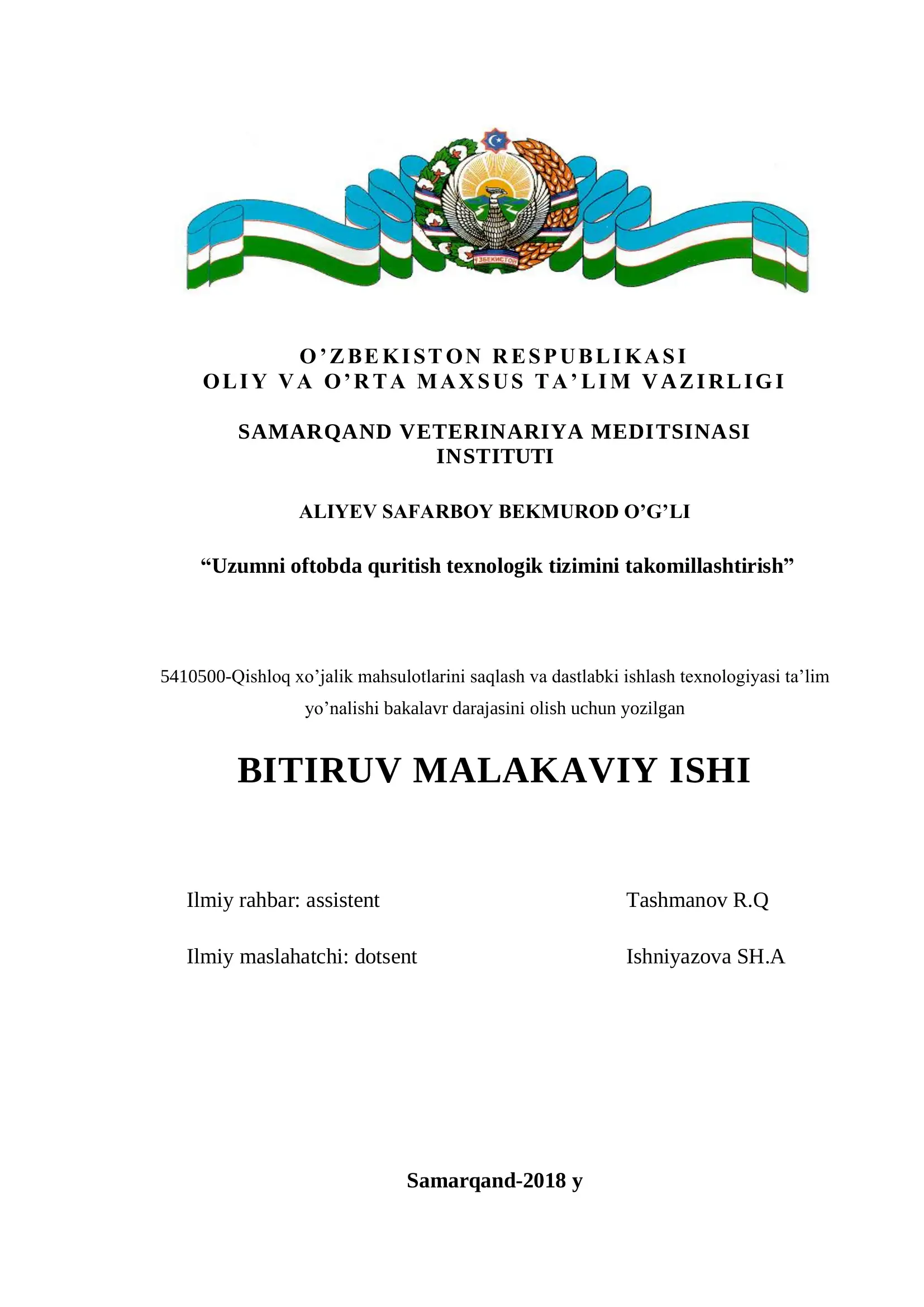 Uzumni oftobda quritish texnologik tizimini takomillashtirish
