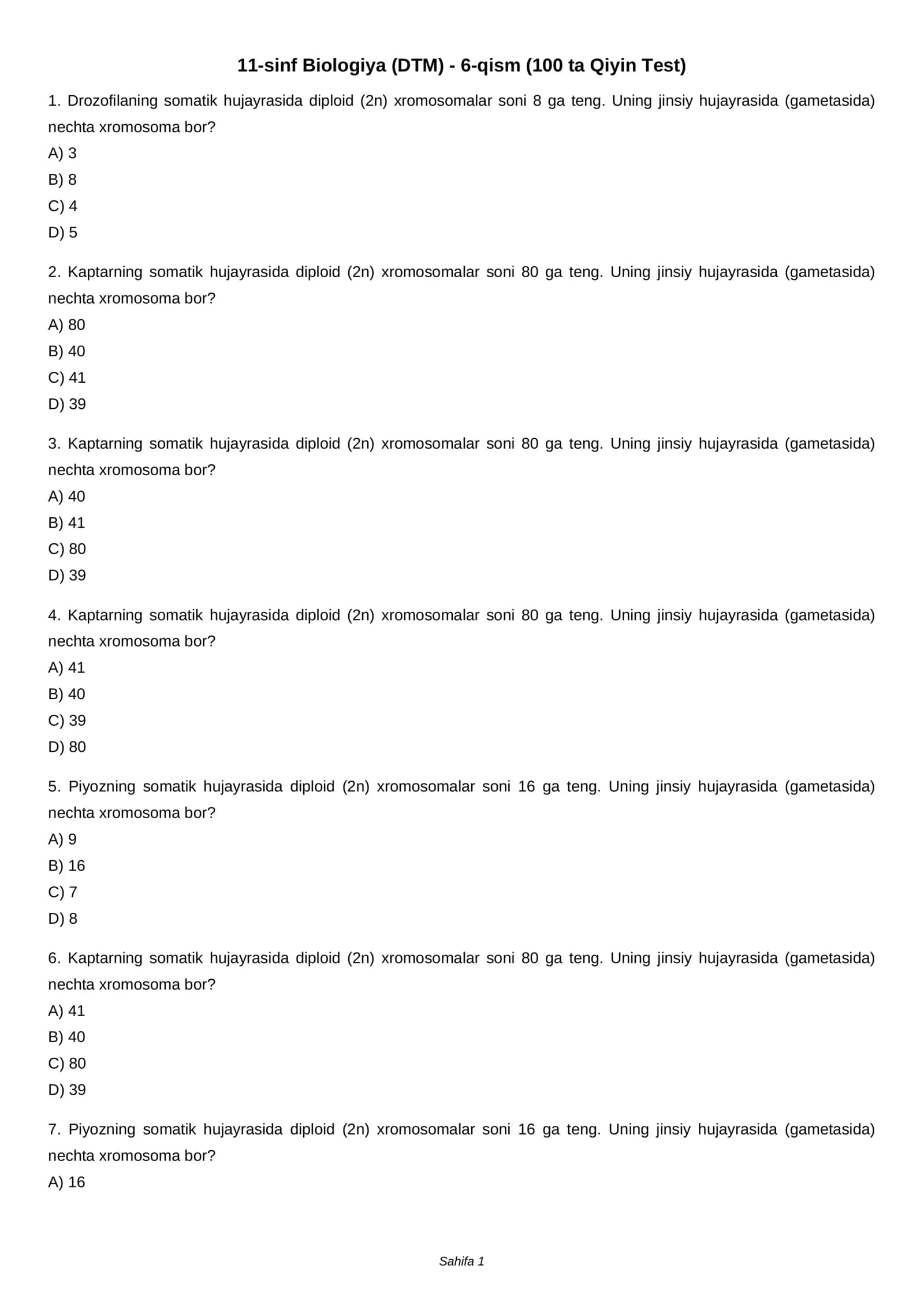 11-sinf Biologiya (DTM) - 6-qism (100 ta Qiyin Test)