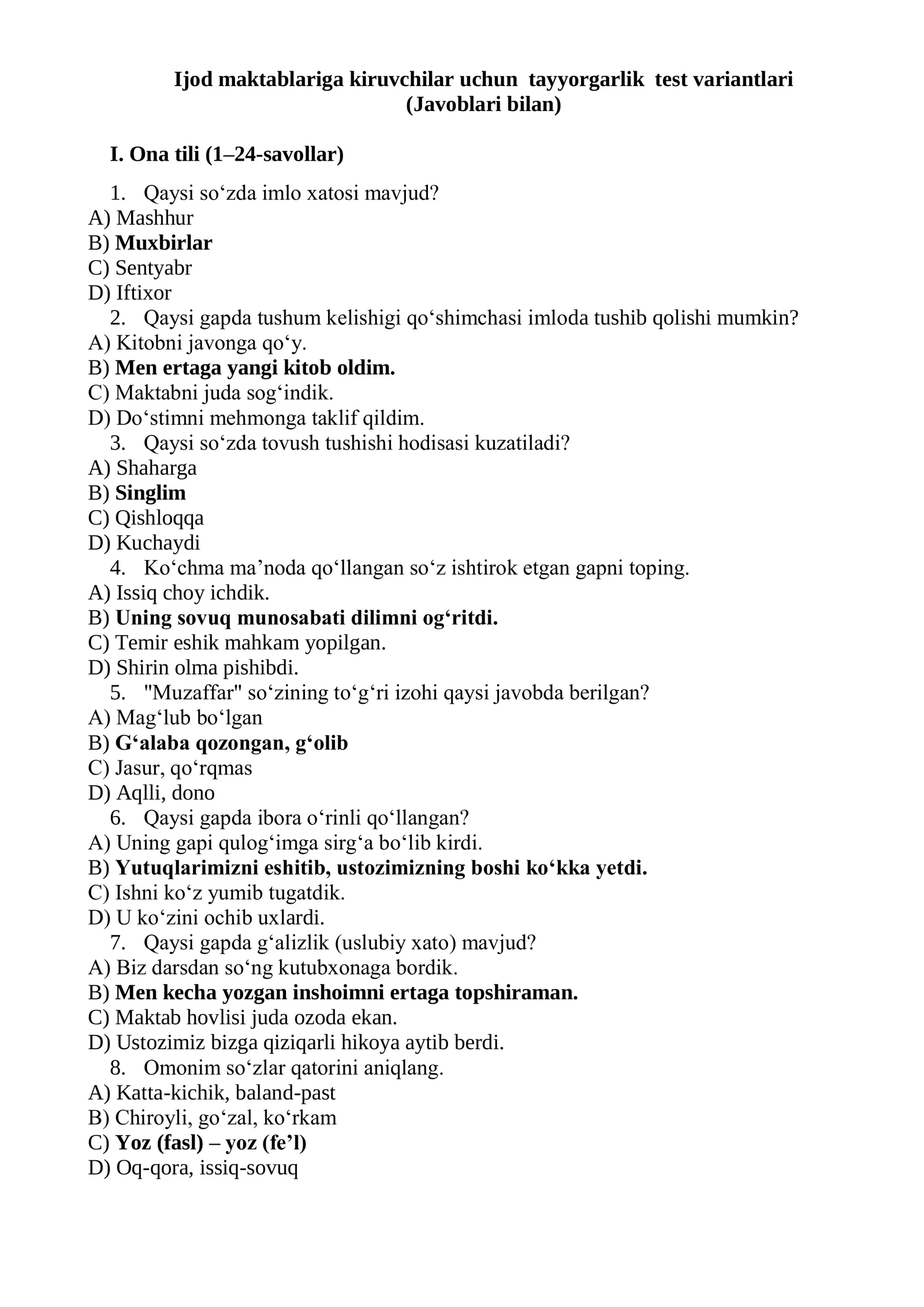 Ijod maktablariga kiruvchilar uchun tayyorgarlik test variantlari (Javoblari bilan)