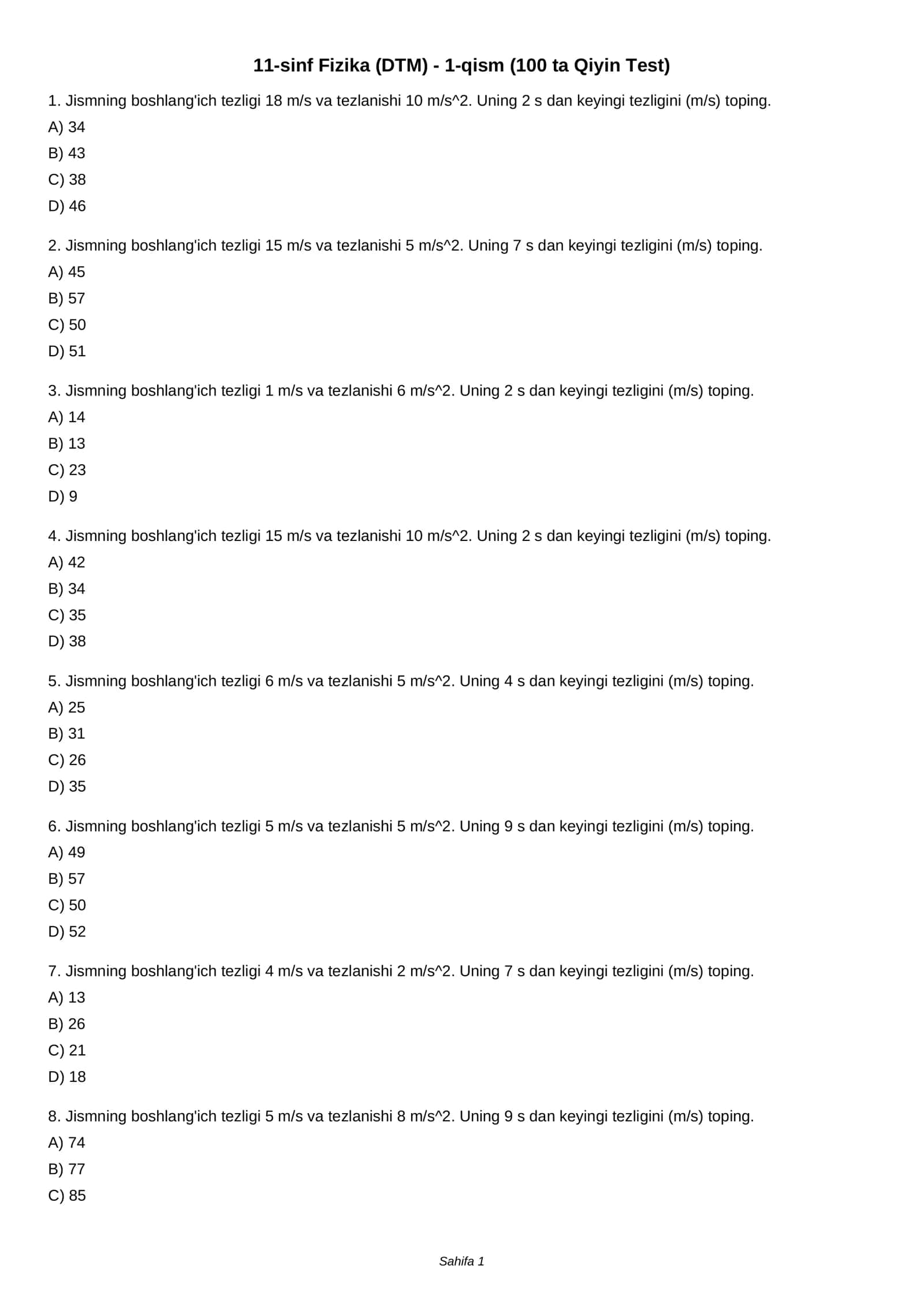 11-sinf Fizika (DTM) - 1-qism (100 ta Qiyin Test)