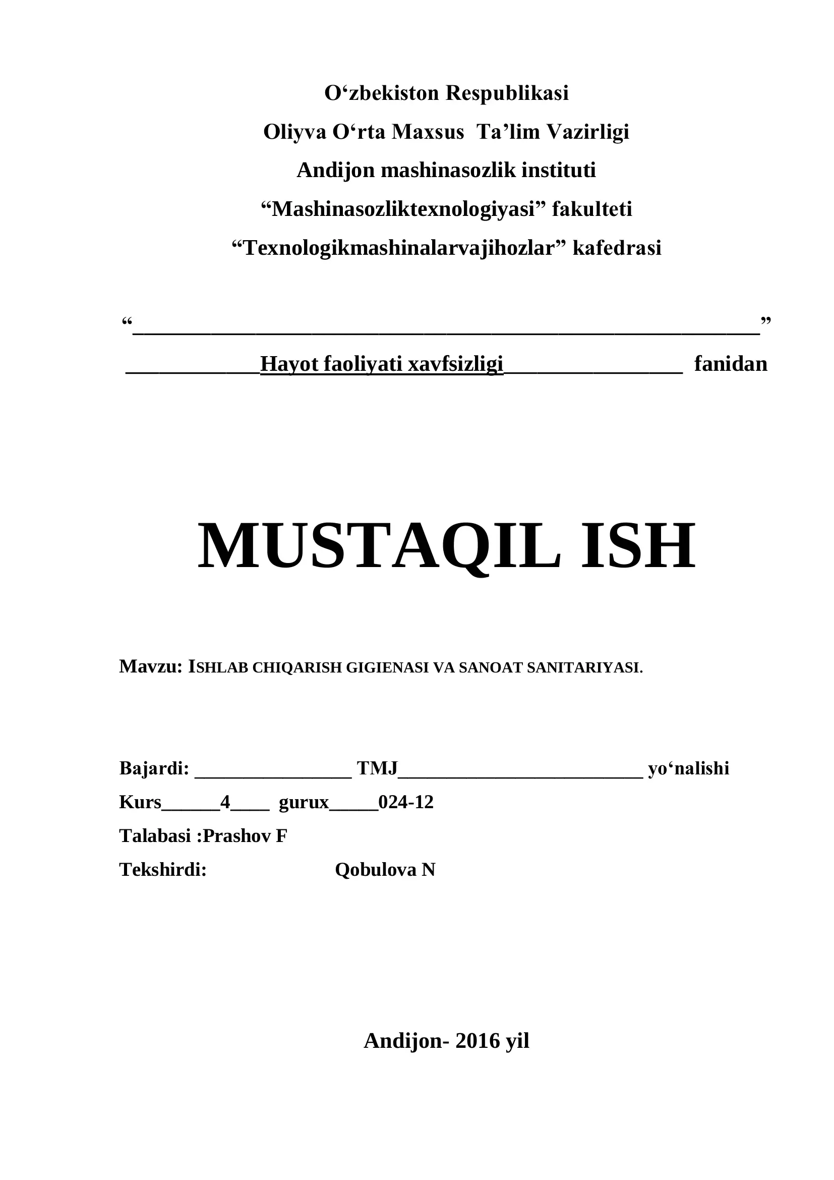 ISHLAB CHIQARISH GIGIENASI VA SANOAT SANITARIYASI