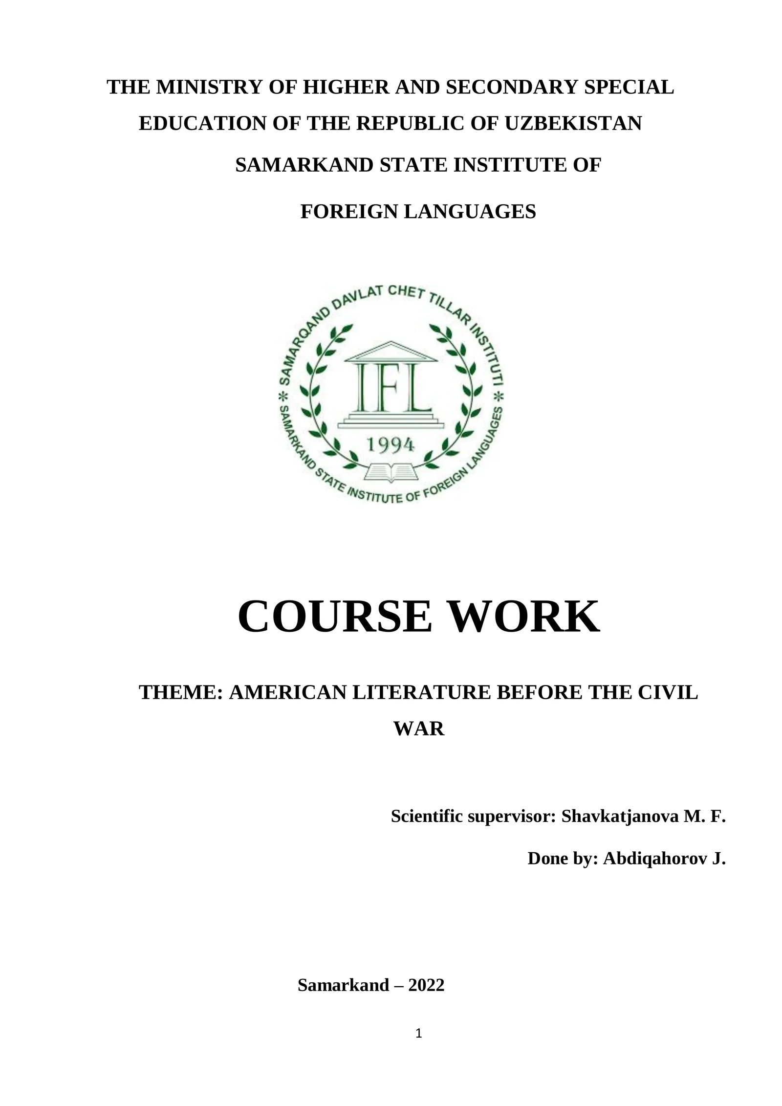 Course Work on American Literature Before the Civil War