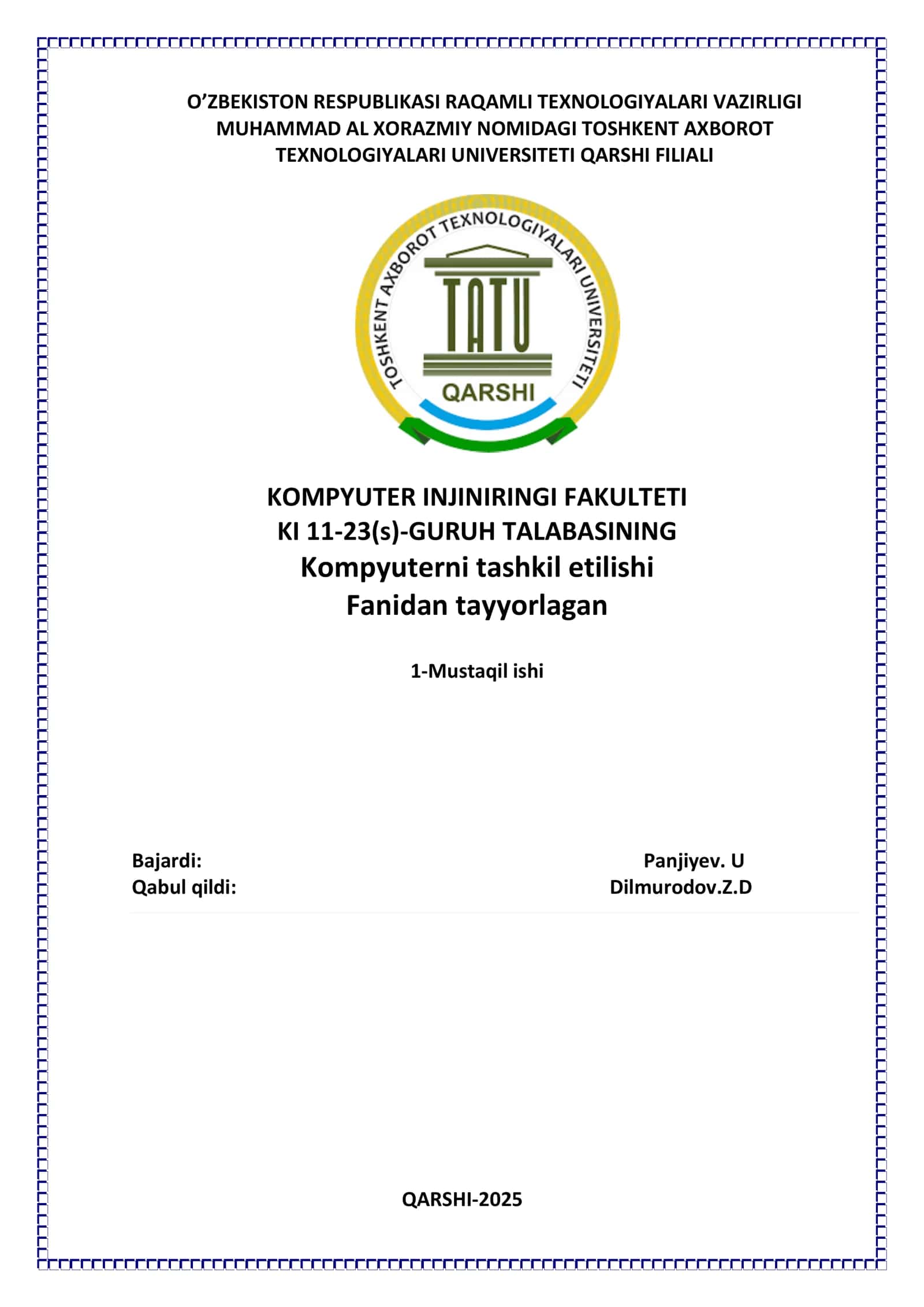 Kompyuterni tashkil etilishi va klassifikatsiyasi