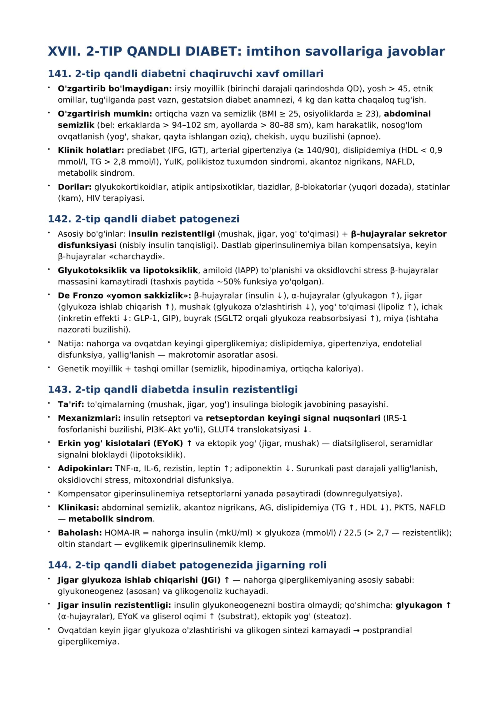 XVII. 2-TIP QANDLI DIABET: imtihon savollariga javoblar
