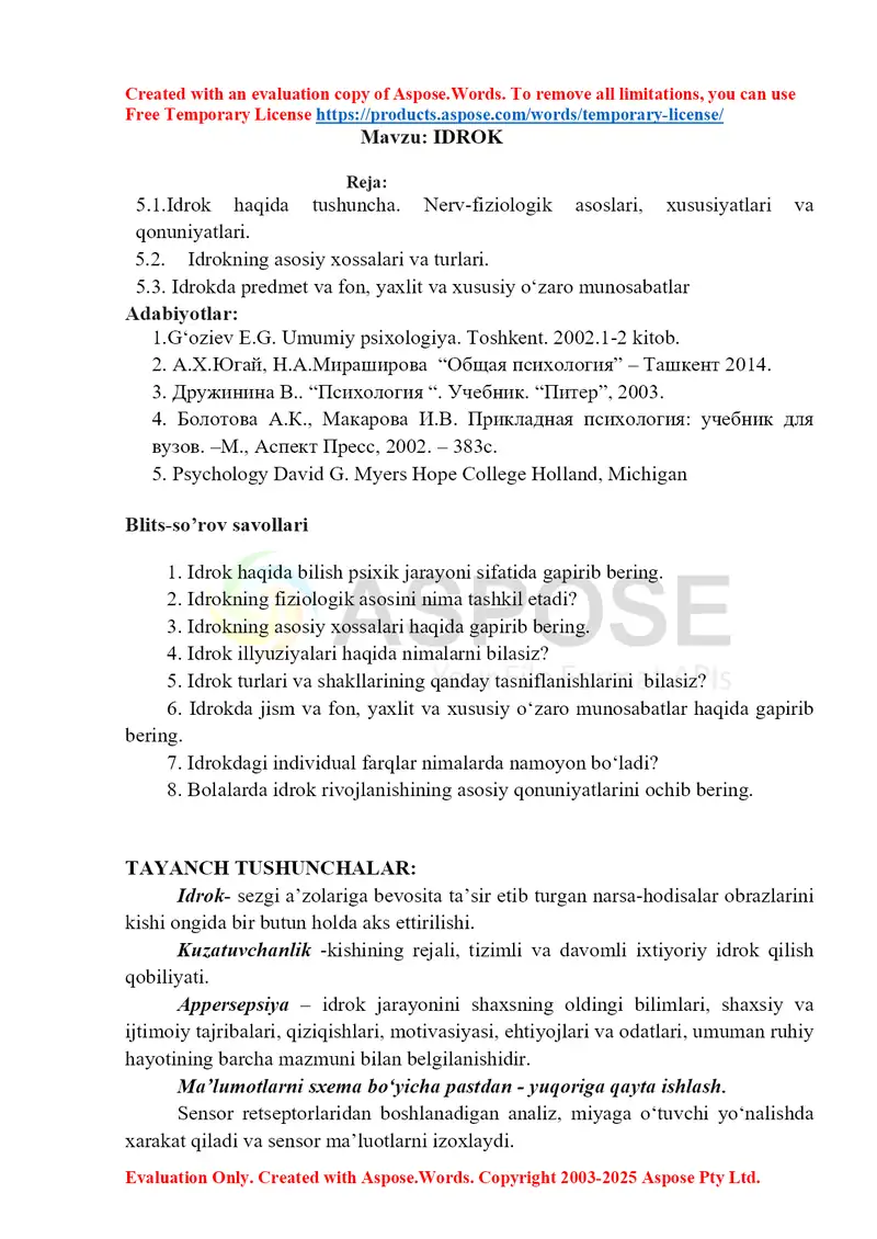 Idrok haqida tushuncha. Nerv-fiziologik asoslari, xususiyatlari va qonuniyatlari