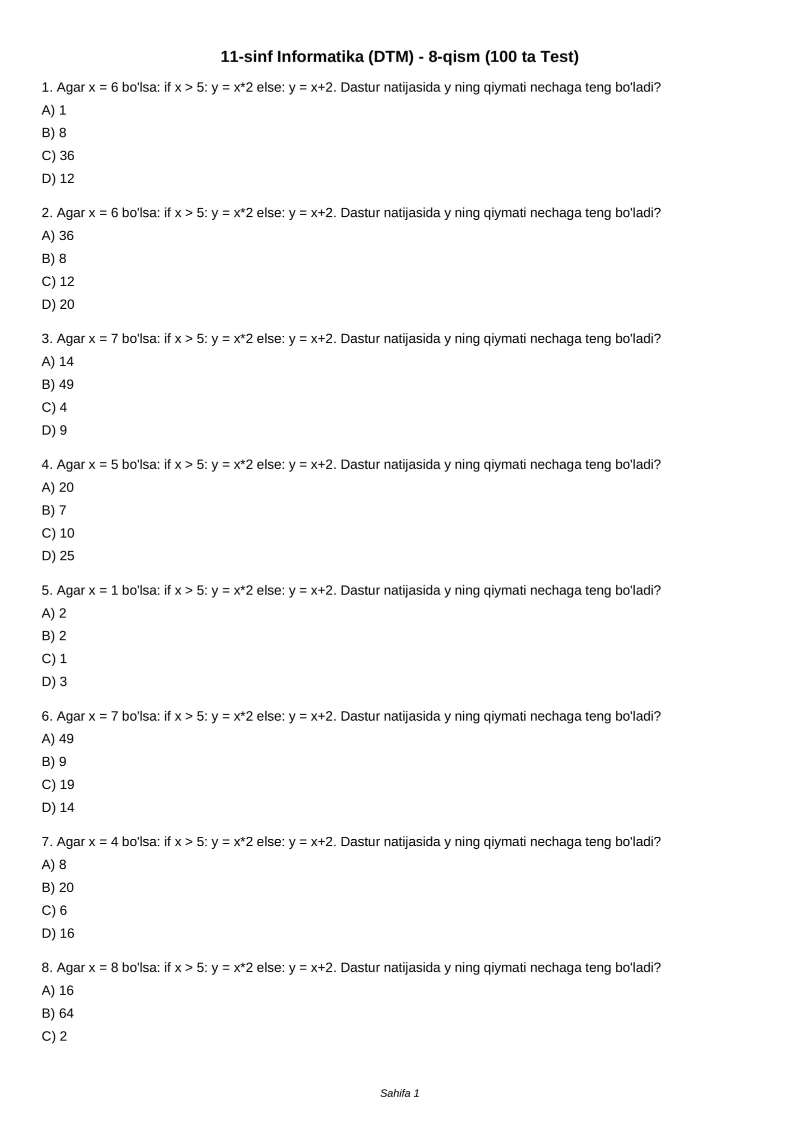11-sinf Informatika (DTM) - 8-qism (100 ta Test)