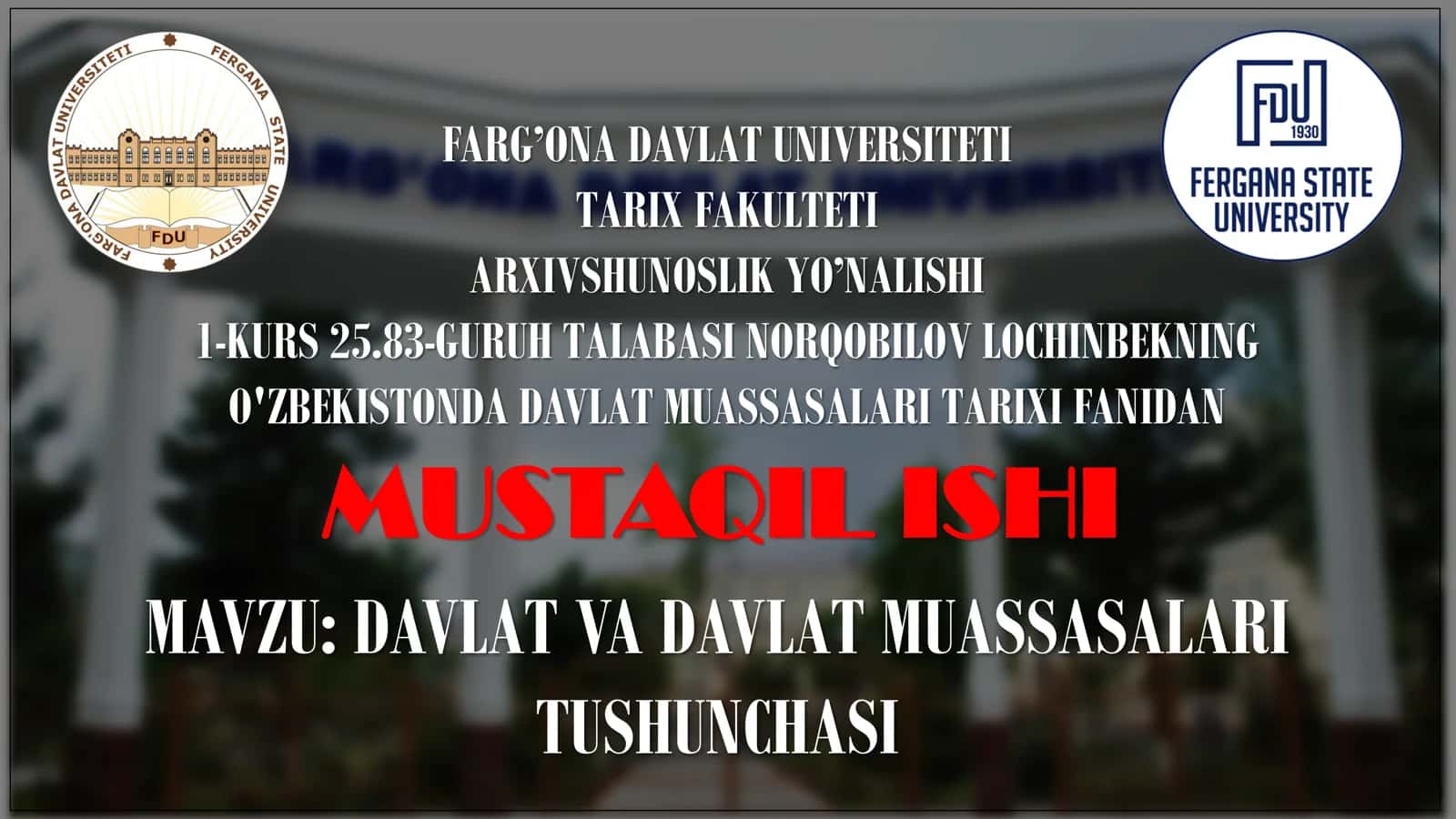 DAVLAT VA DAVLAT MUASSASALARI TUSHUNCHASI