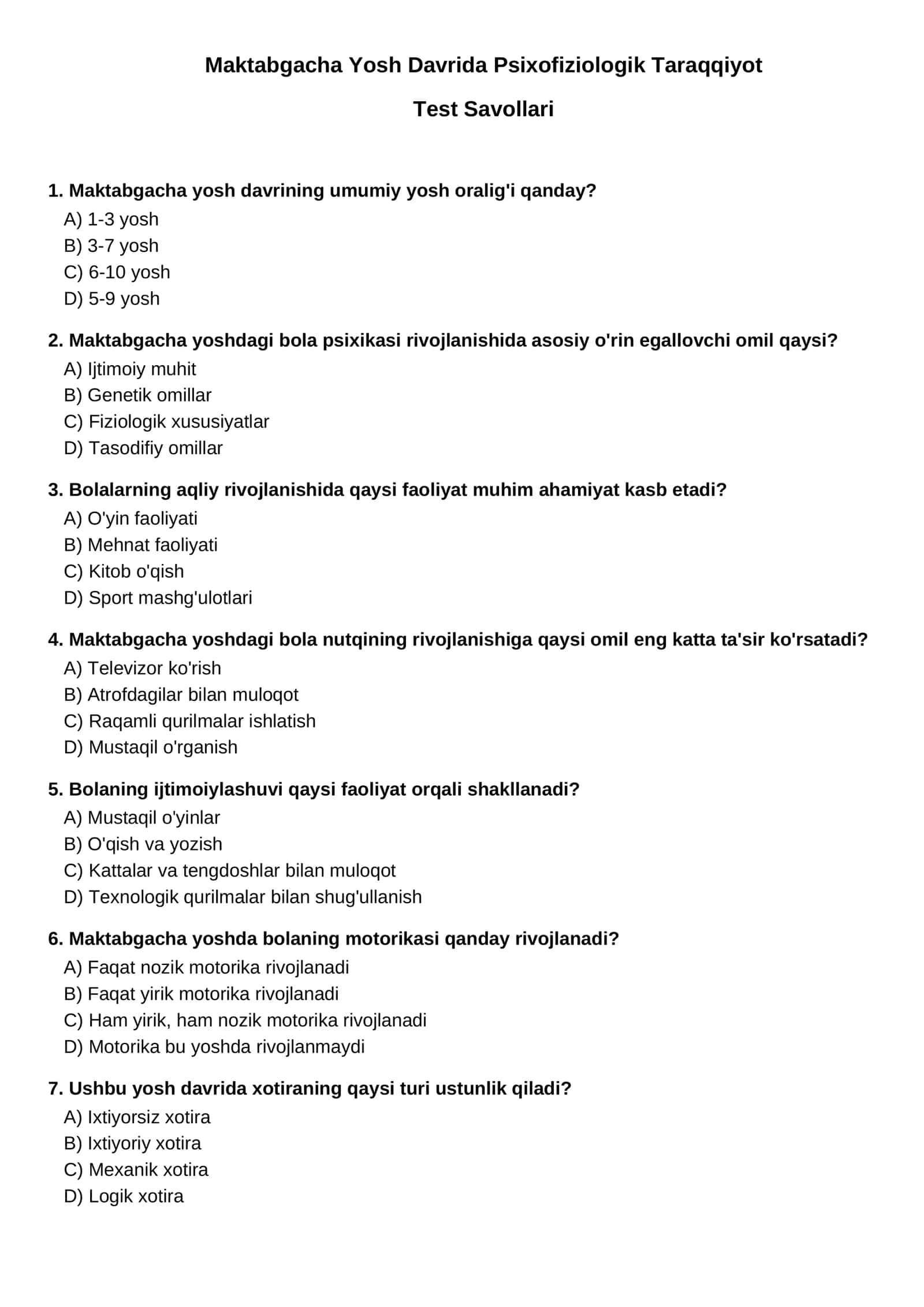 Maktabgacha Yosh Davrida Psixofiziologik Taraqqiyot Test Savollari