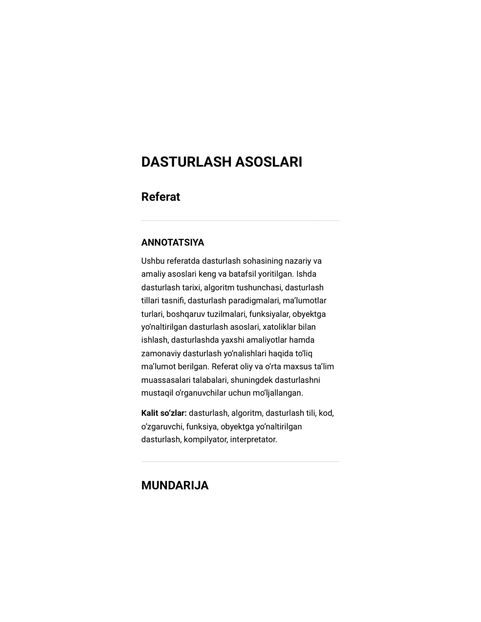 Referat dasturlash asoslari