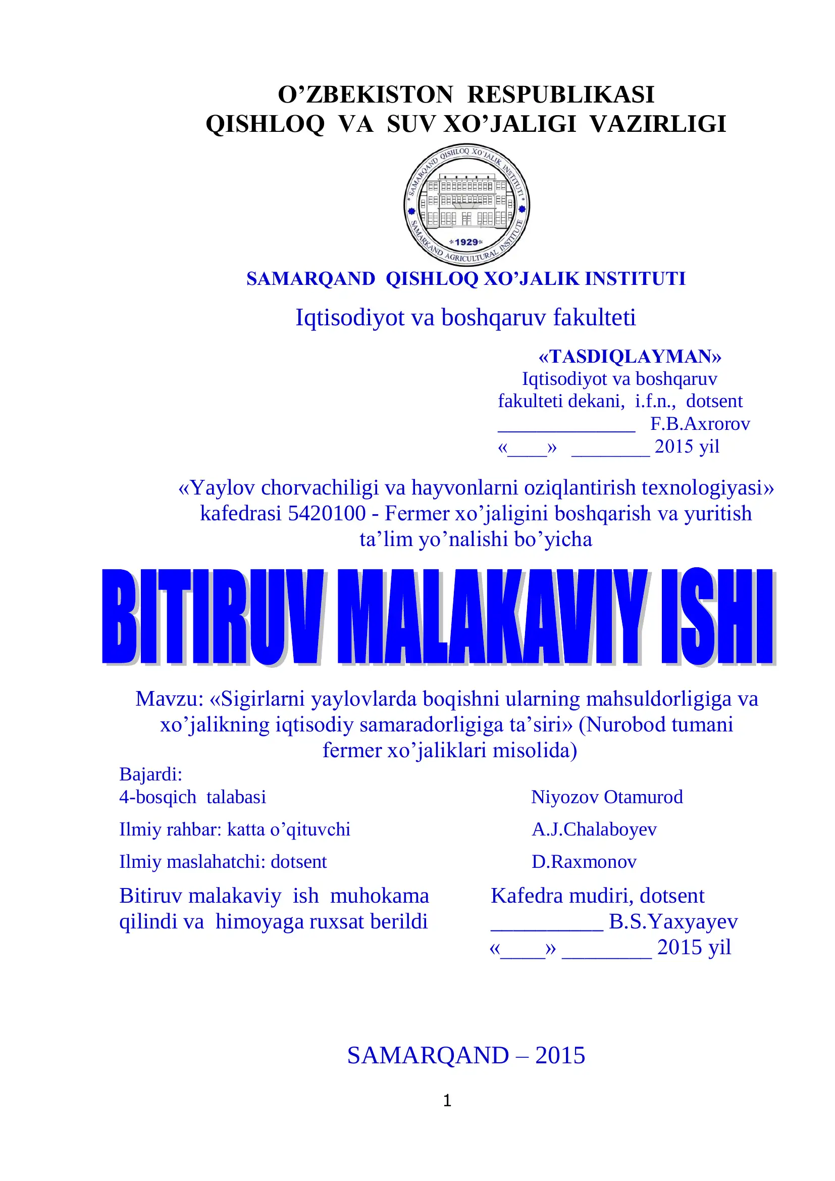 Yaylov chorvachiligi va hayvonlarni oziqlantirish texnologiyasi