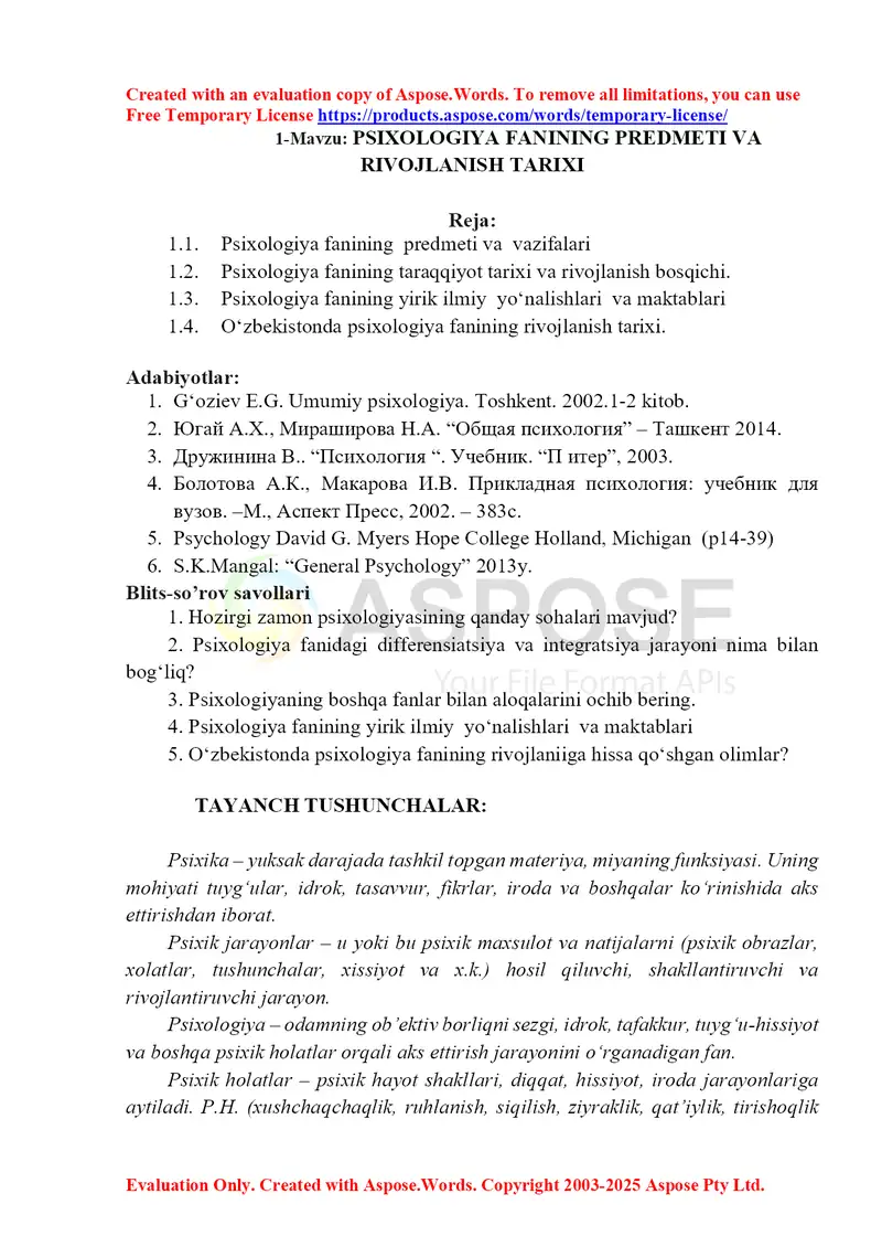 Psixologiya fanining predmeti va rivojlanish tarixi